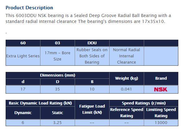 NSK 6003 DDU Deep Groove Radial Ball Bearing 17x35x10mm