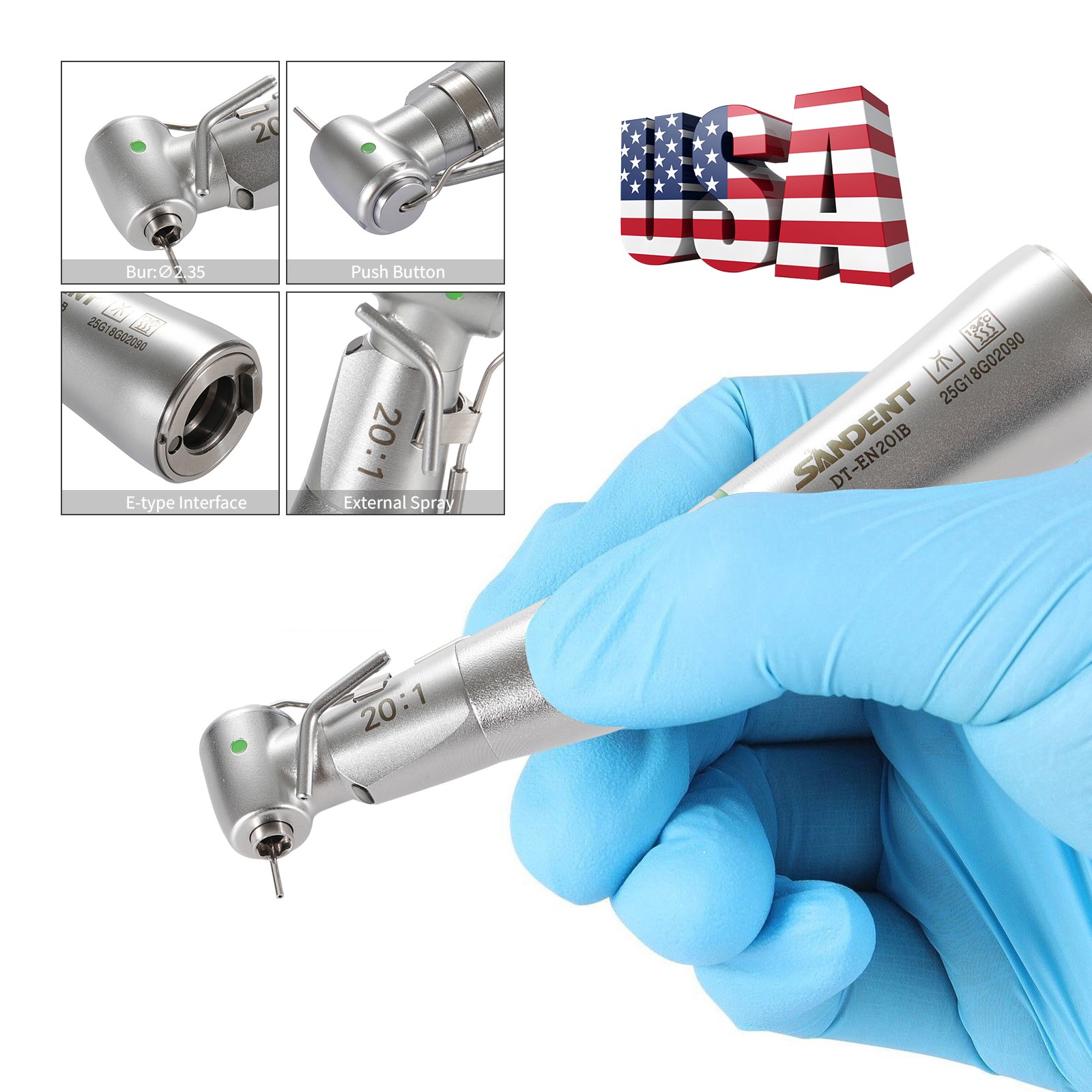 LED SANDENT 20:1 Contra Angle Fiber Optic Electric Handpiece External Spray