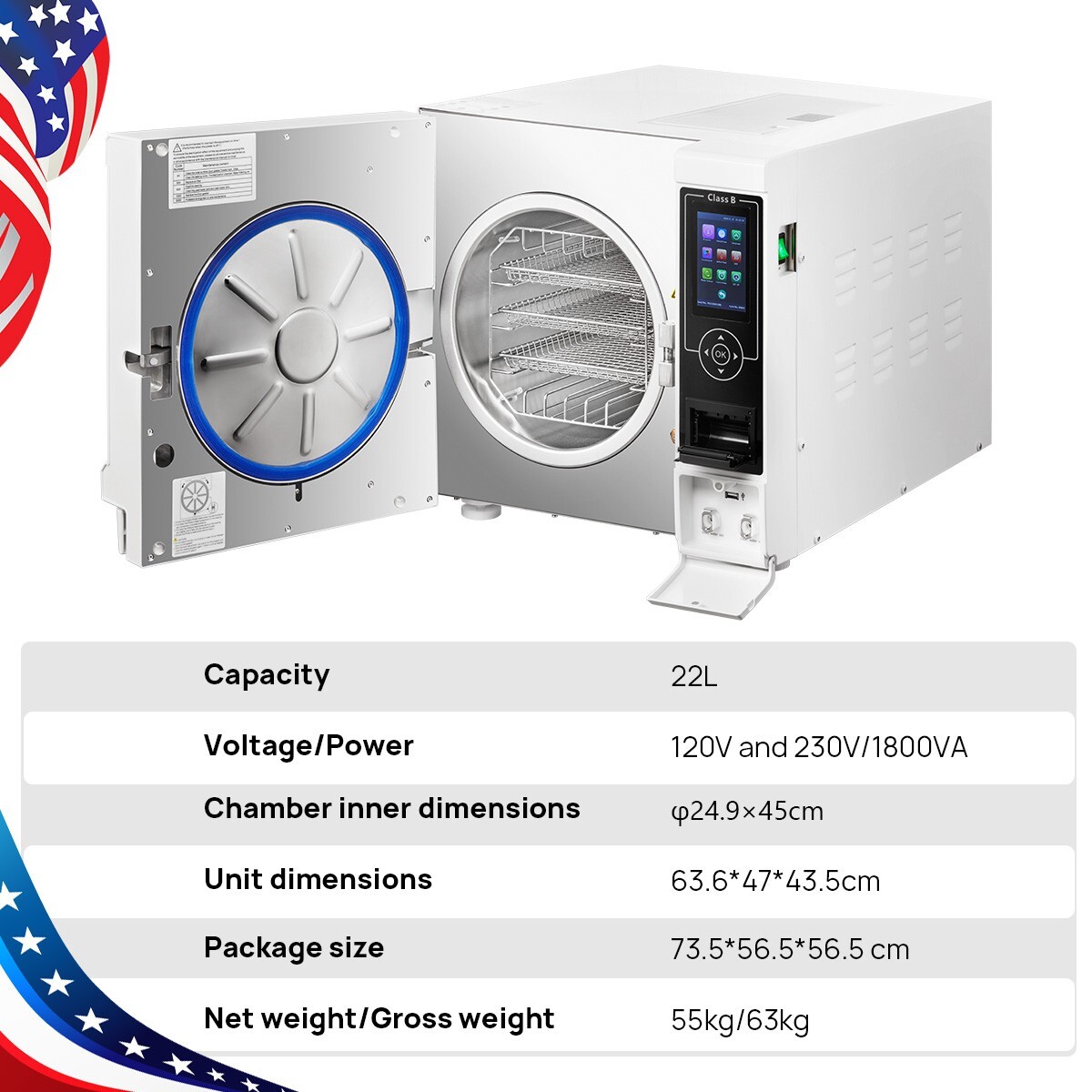 22L Class B Steam Sterilizer Dental Autoclave Pulsation vacuum Sterilizers LCD