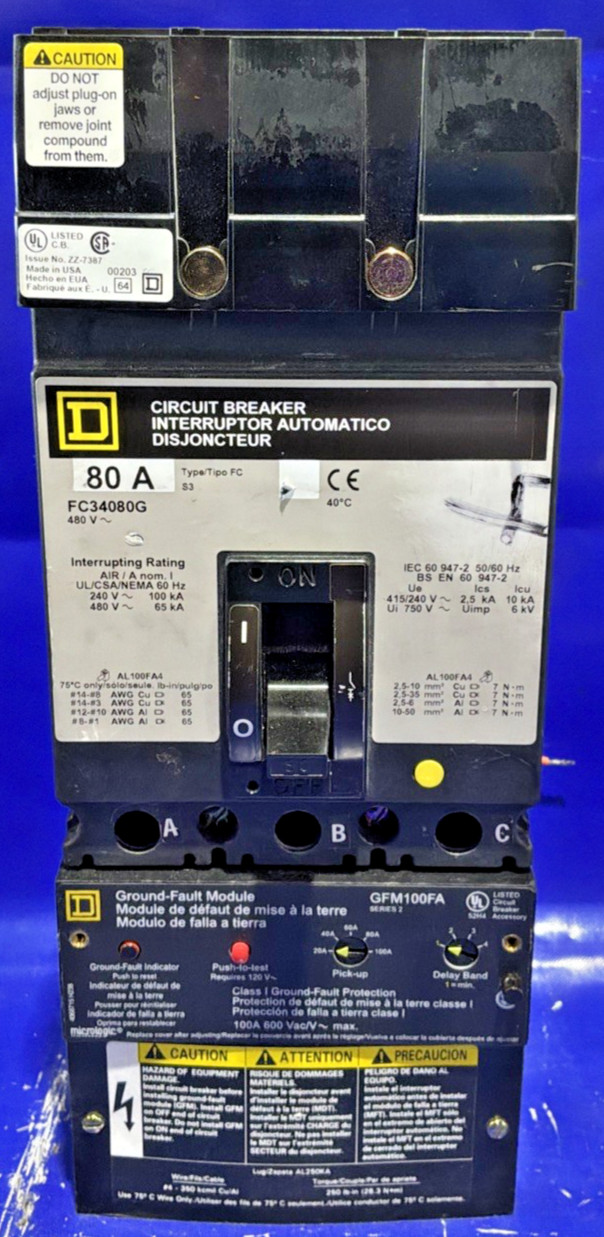 FC34080G 80 Amp Square D I Line 600V 3P w/ Fault GFM100FA 🟦