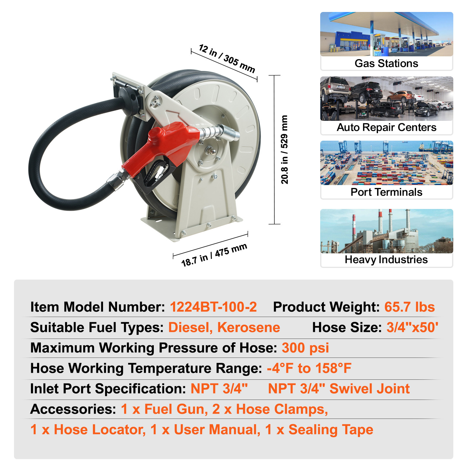 VEVOR Fuel Hose Reel Retractable Diesel Hose Reel 3/4″ x 50′ Auto Fueling Nozzle