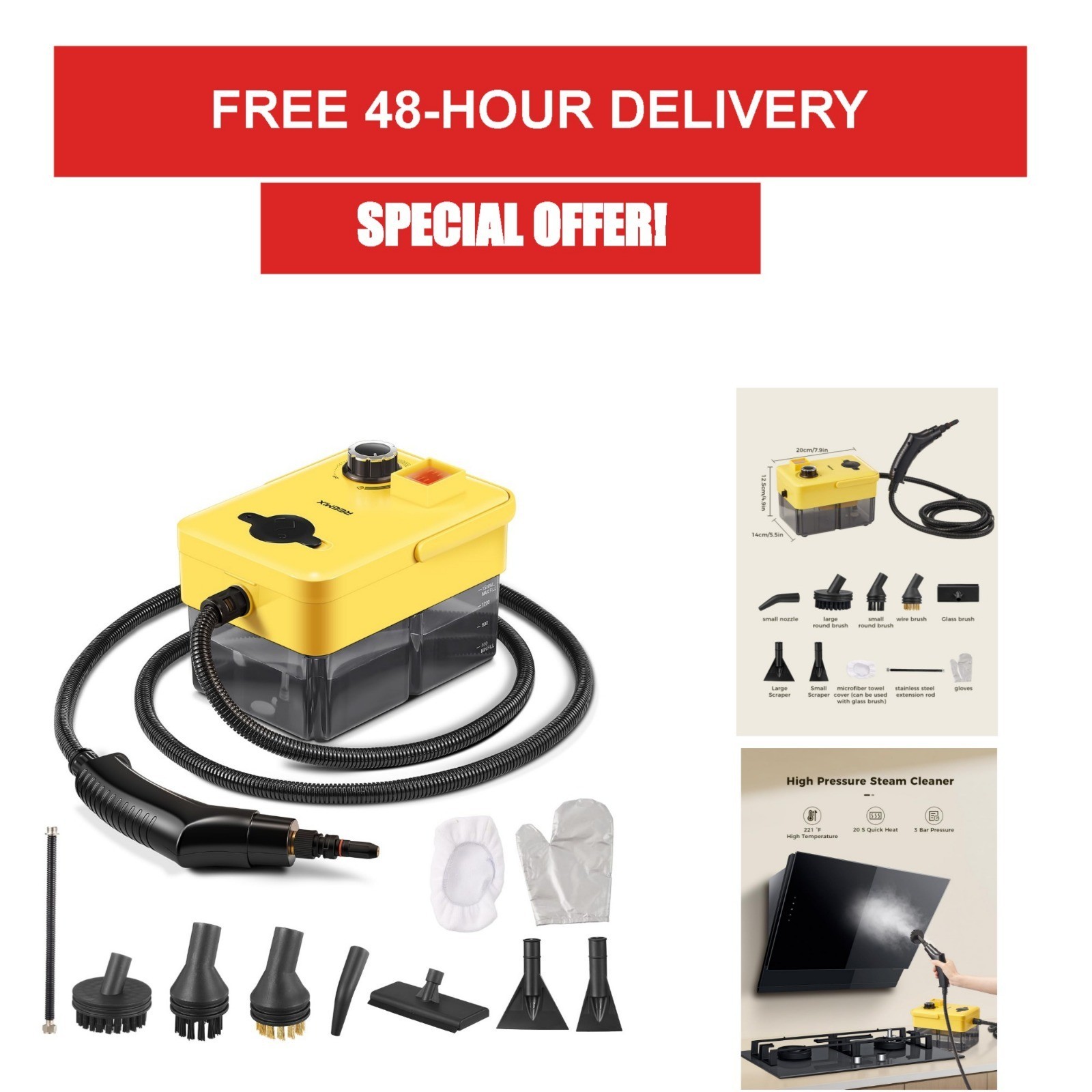 2500W Handheld Steam Cleaner with Attachments for Home & Kitchen