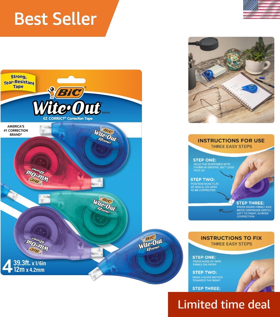 BIC EZ Correct Correction Tape, White, No Dry Time, Tear Resistant Tape, 4-Count