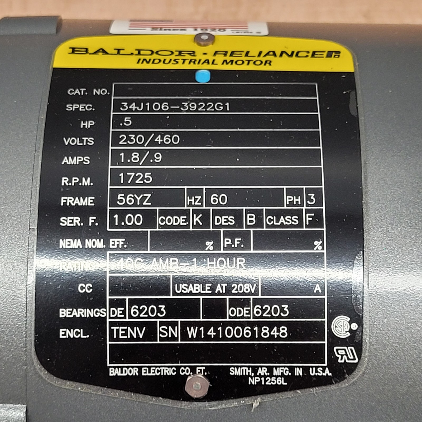 Baldor 34J106-3922G1 Motor, 3PH, 0.5HP, 1725RPM, 230/460V, 60Hz, 1.8/0.9A – NEW