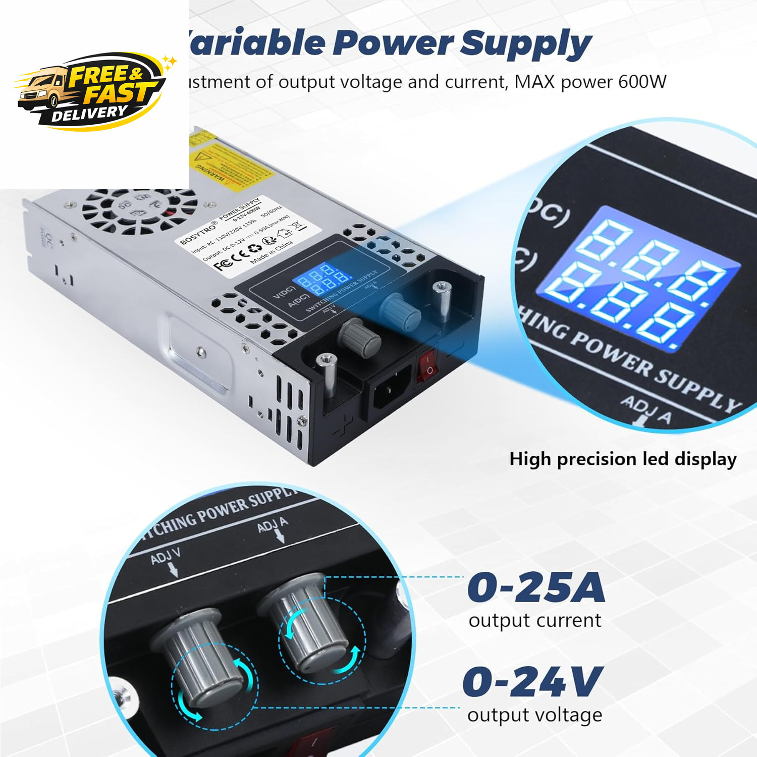 AC to DC Converter 110V-12V DC Power Supply Adjustable 0-24V 0-25A SMPS Max 600W