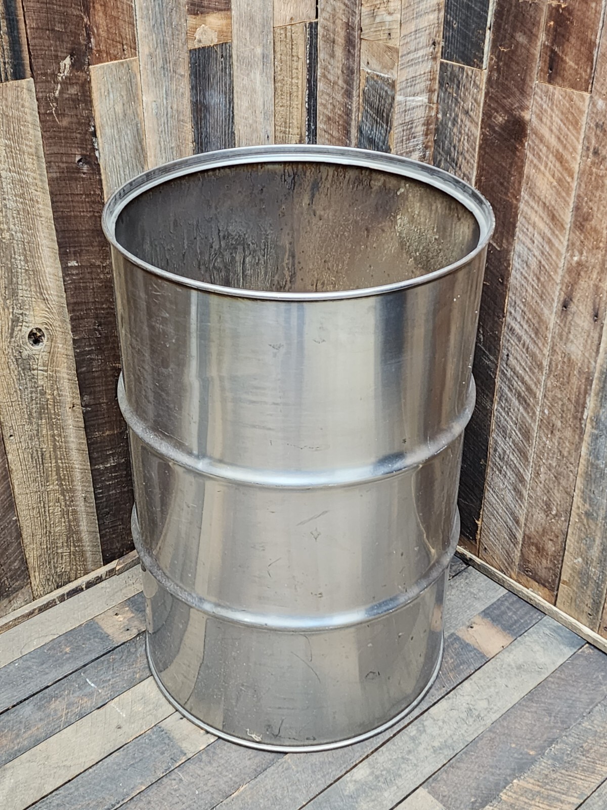 1 USED 55 Gallon Stainless Drum Barrel (Cut Out) Open Top