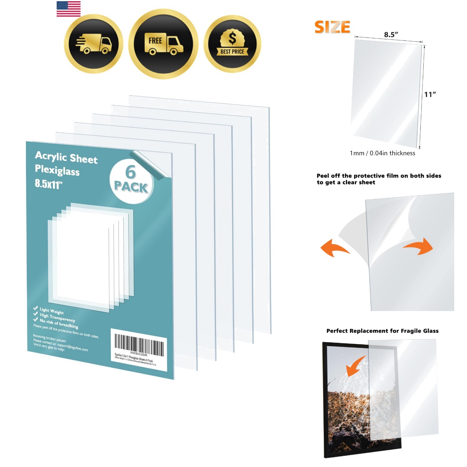 Acrylic Sheets Clear Plastic Plexiglass Sheets 6 Pack 8.5×11 Inches for Crafting