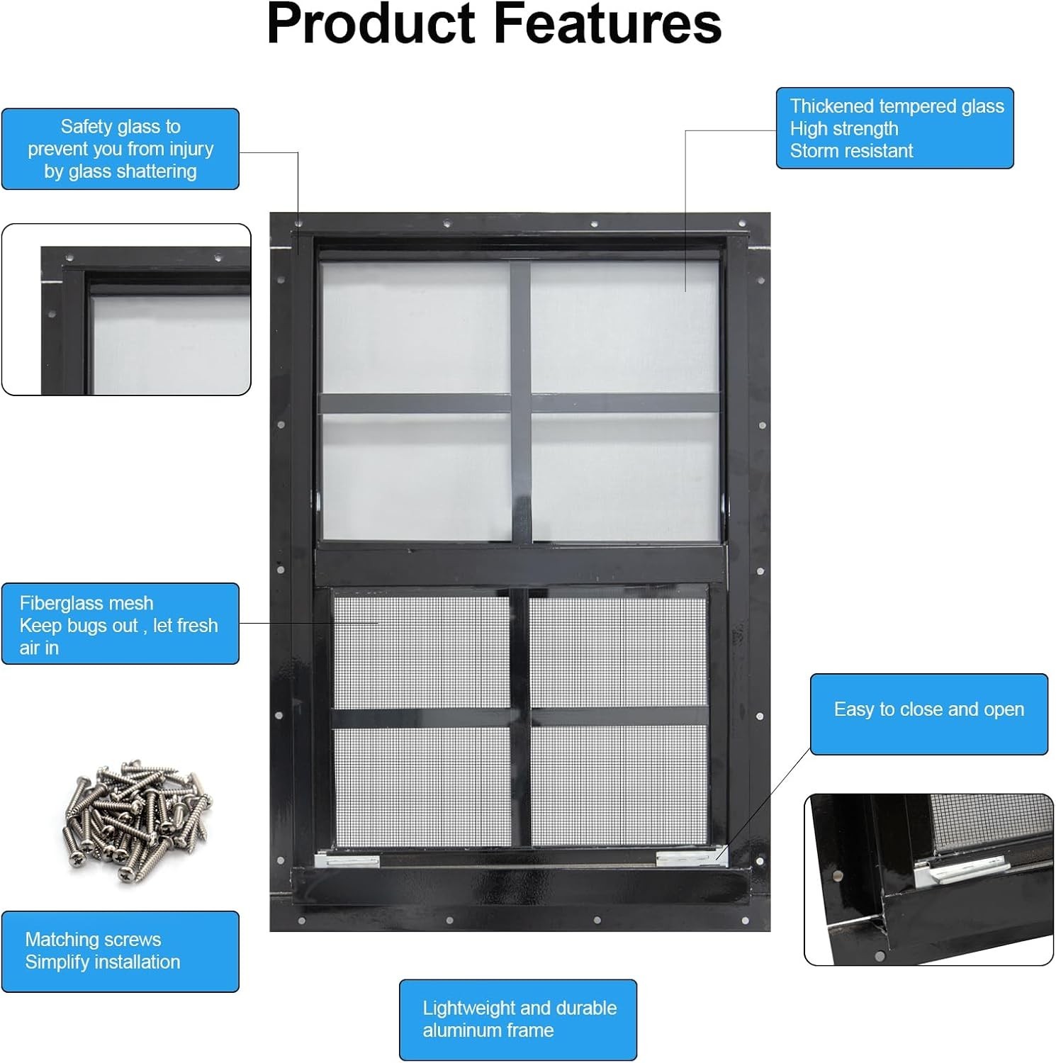 2 Pack Shed Windows with Black Frame, 18x 23 Flush Mount Small Window with Tempe