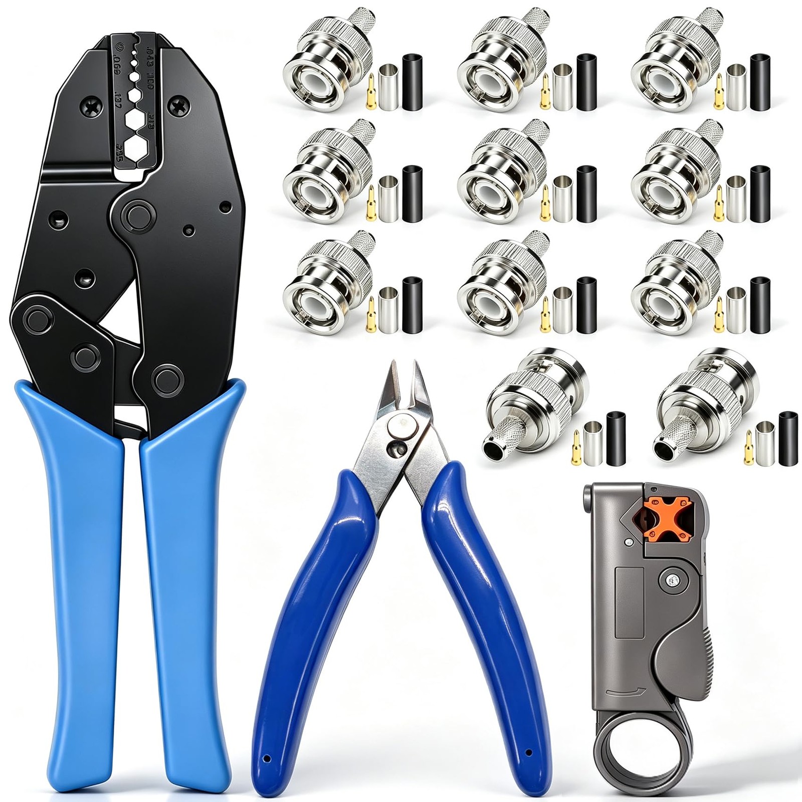 Taiss Coaxial Cable Tool Kit BNC Crimp tool with 10PCS Male Black