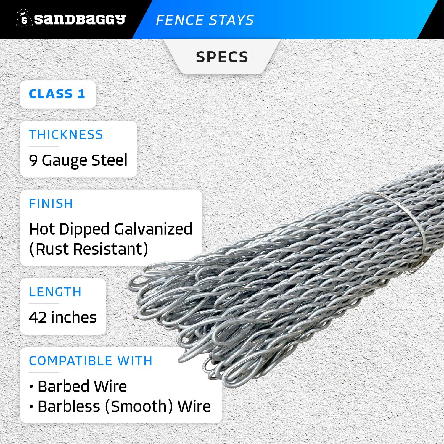 42 in. Wire Fence Stays – Class 1 Galvanized Steel – Barbed & Barbless Wire