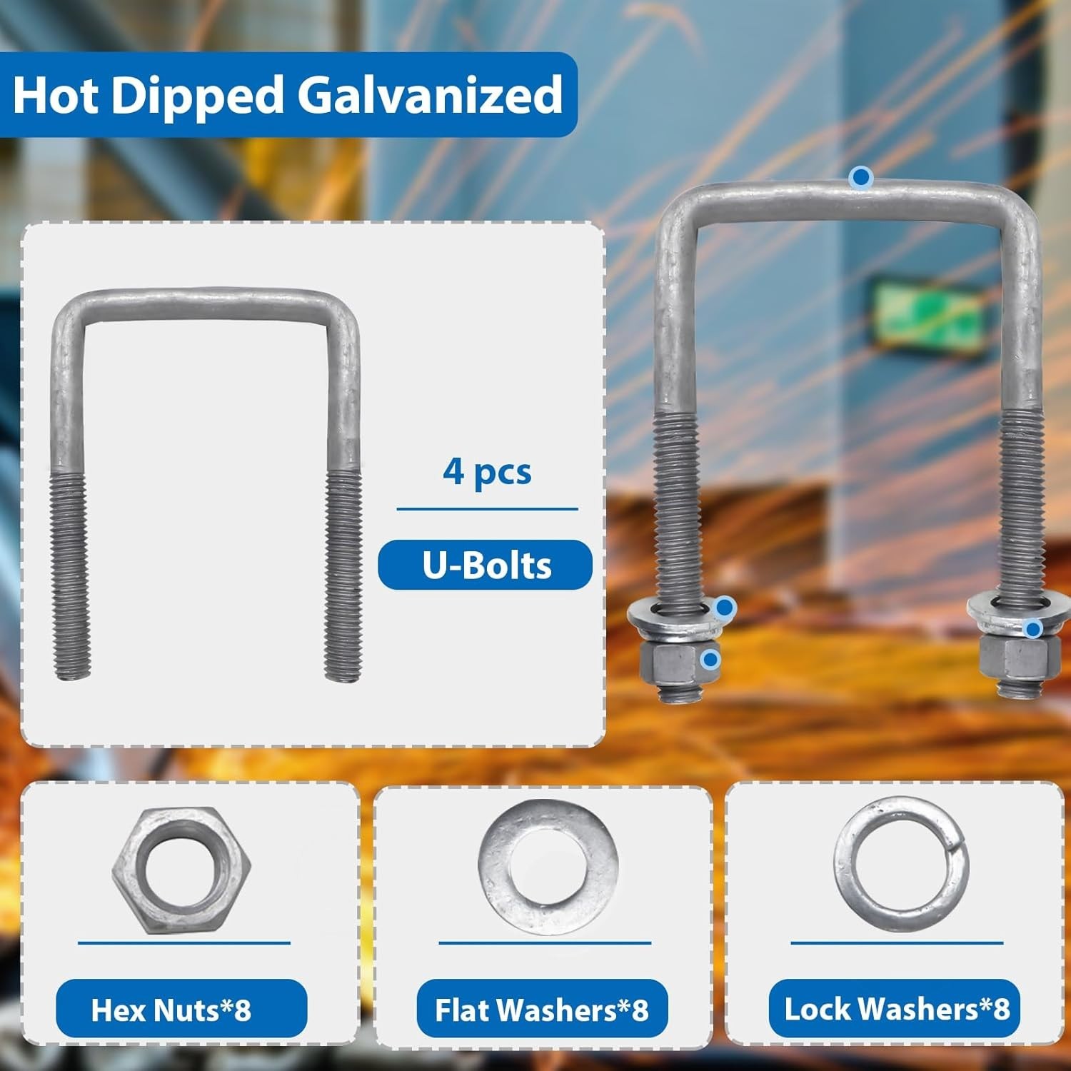 4 Pcs Hot Dipped Galvanized Square U-Bolts,1/2″ D x 3 1/16″ W x 4 5/16″ L,3 i…
