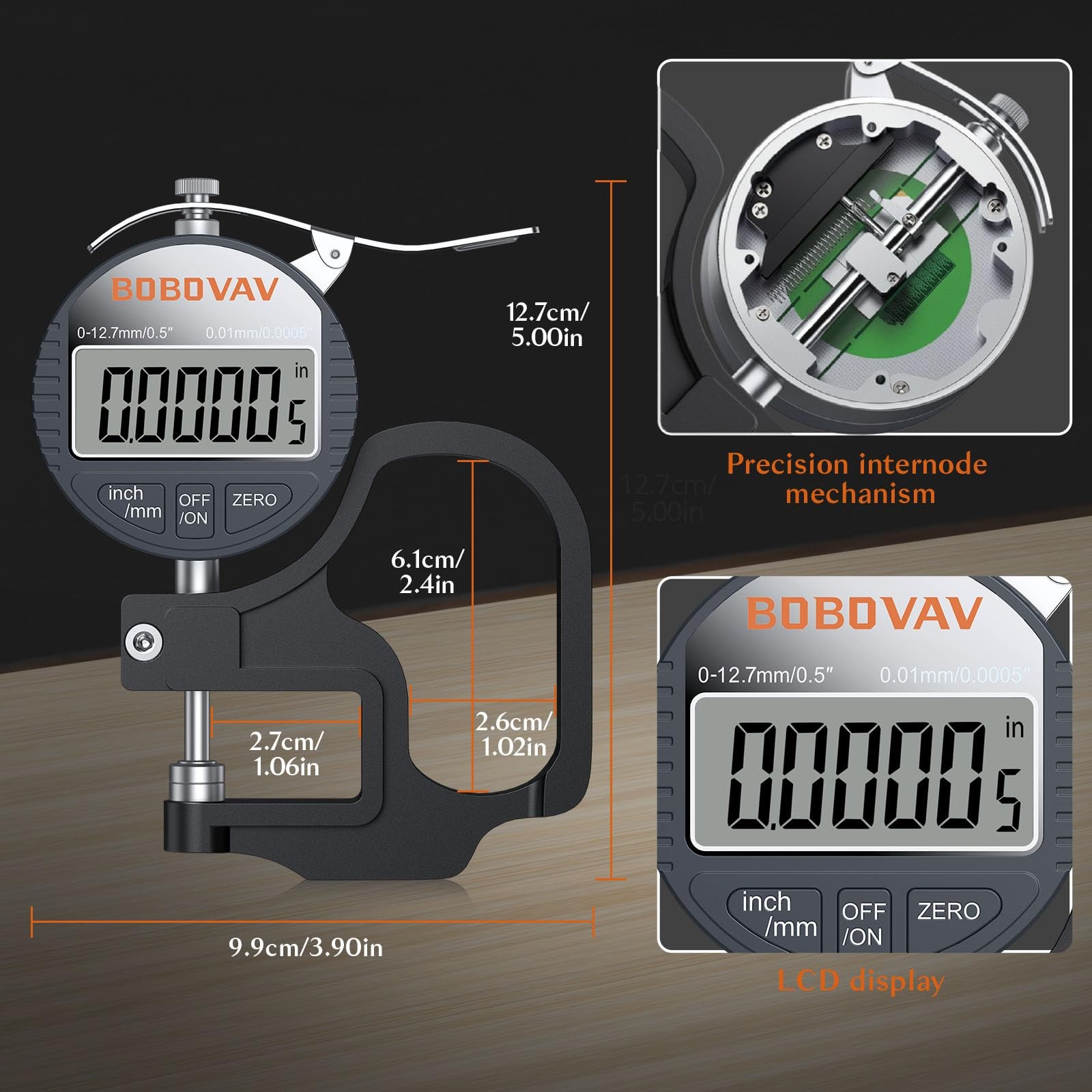 Digital Thickness Gauge 0.5 Inch/12.7mm Meter 0.0005 Inch/0.01mm LCD Tool