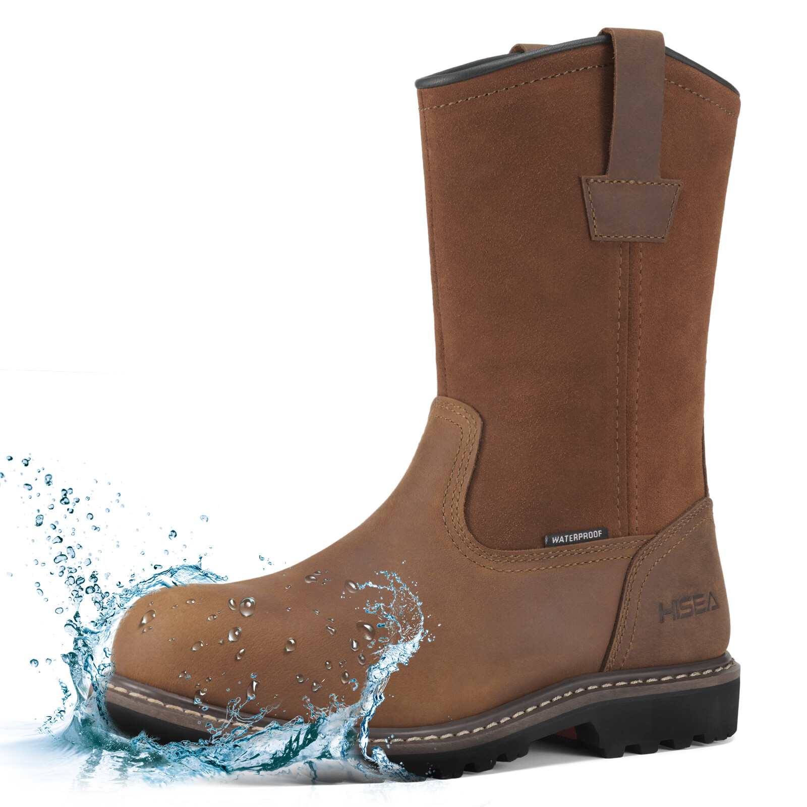 HISEA Mens Wellington Work Boots Steel/Soft Toe Waterproof Leather Western Boots