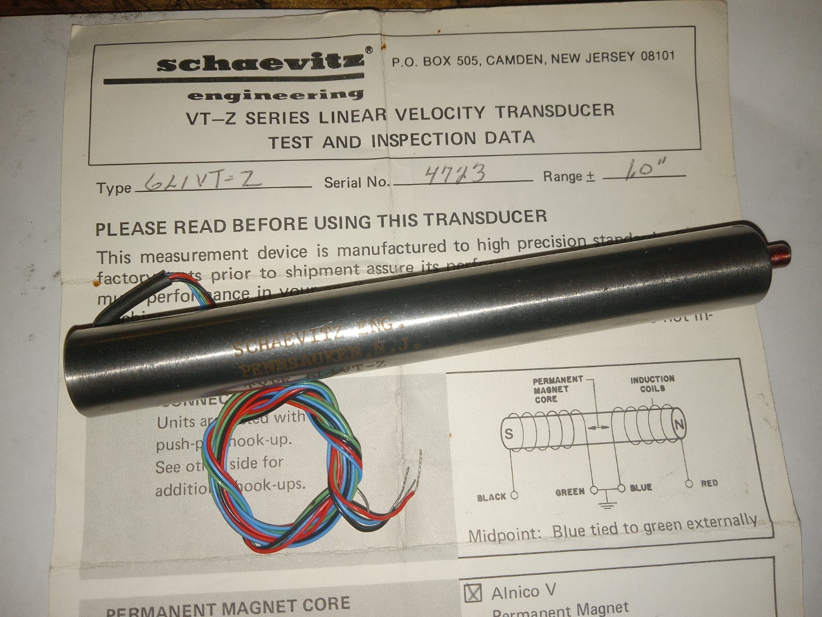 MEASUREMENT SPECIALTIES (SCHAEVITZ) Linear VELOCITY TRANSDUCER LVDT 6L1VT-2