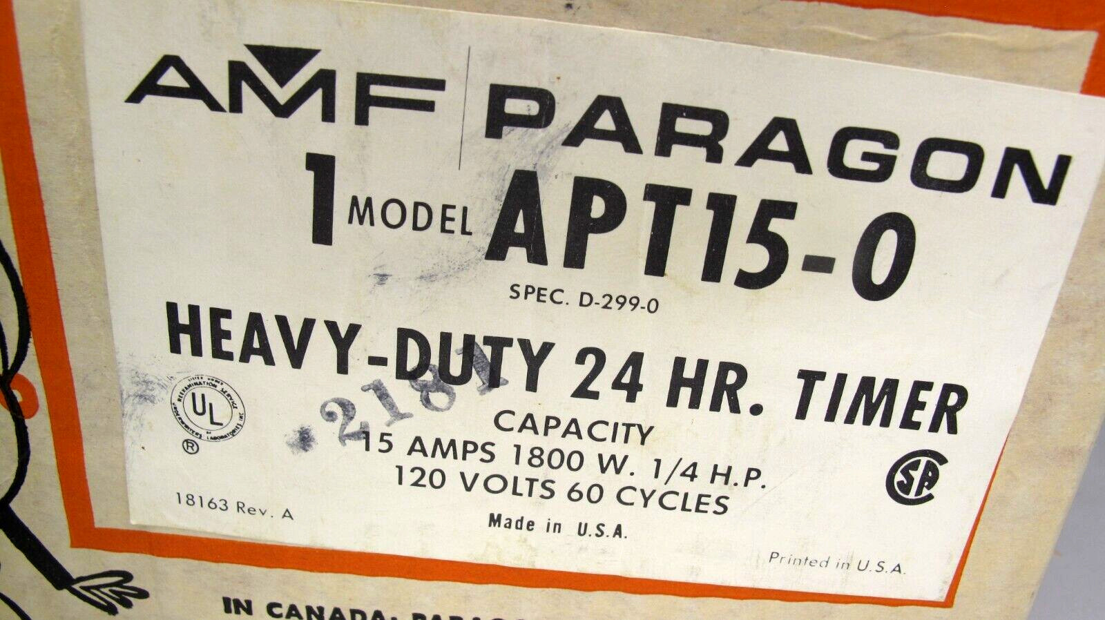 Vintage AMF Paragon APT15-0 Heavy Duty 24 Hour Timer 15 Amps 1800 Watts