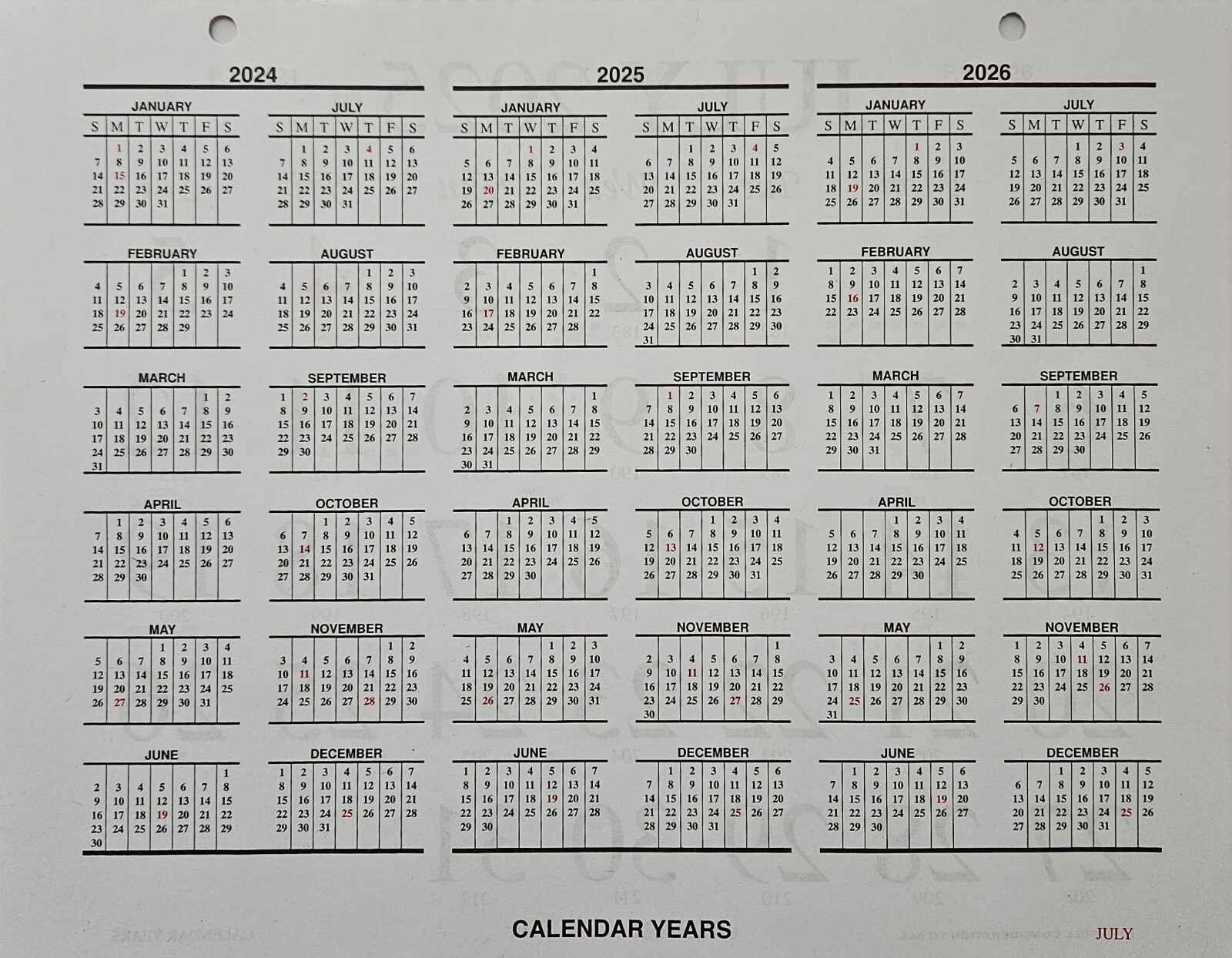UNICOR 2025 US GOVERNMENT WALL CALENDAR NSN 7510-01-664-9508 (Jan to Dec)