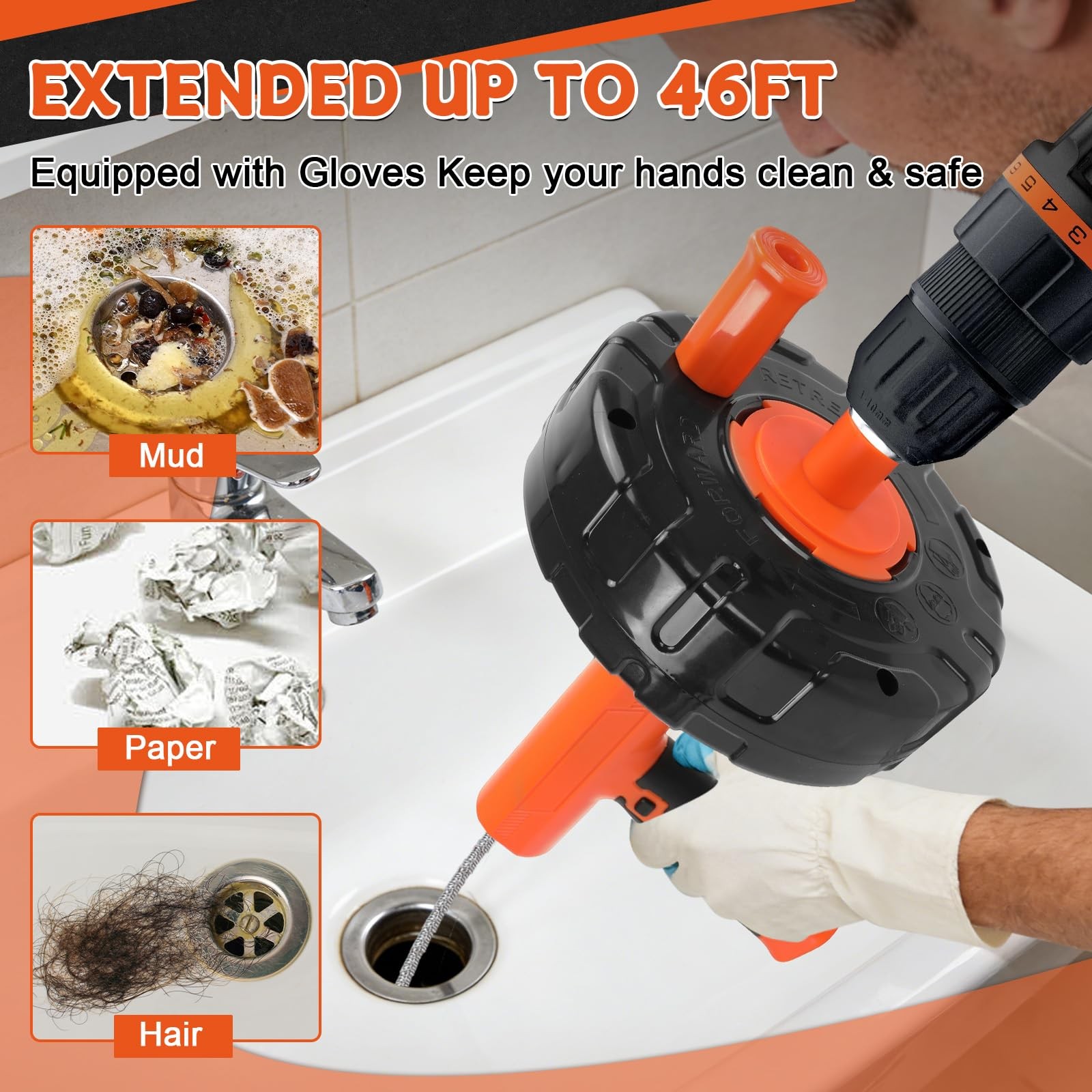 45 FT Drain Snake Tools, Manual Or Powered Double Mode Auto Retract Drain Dra…