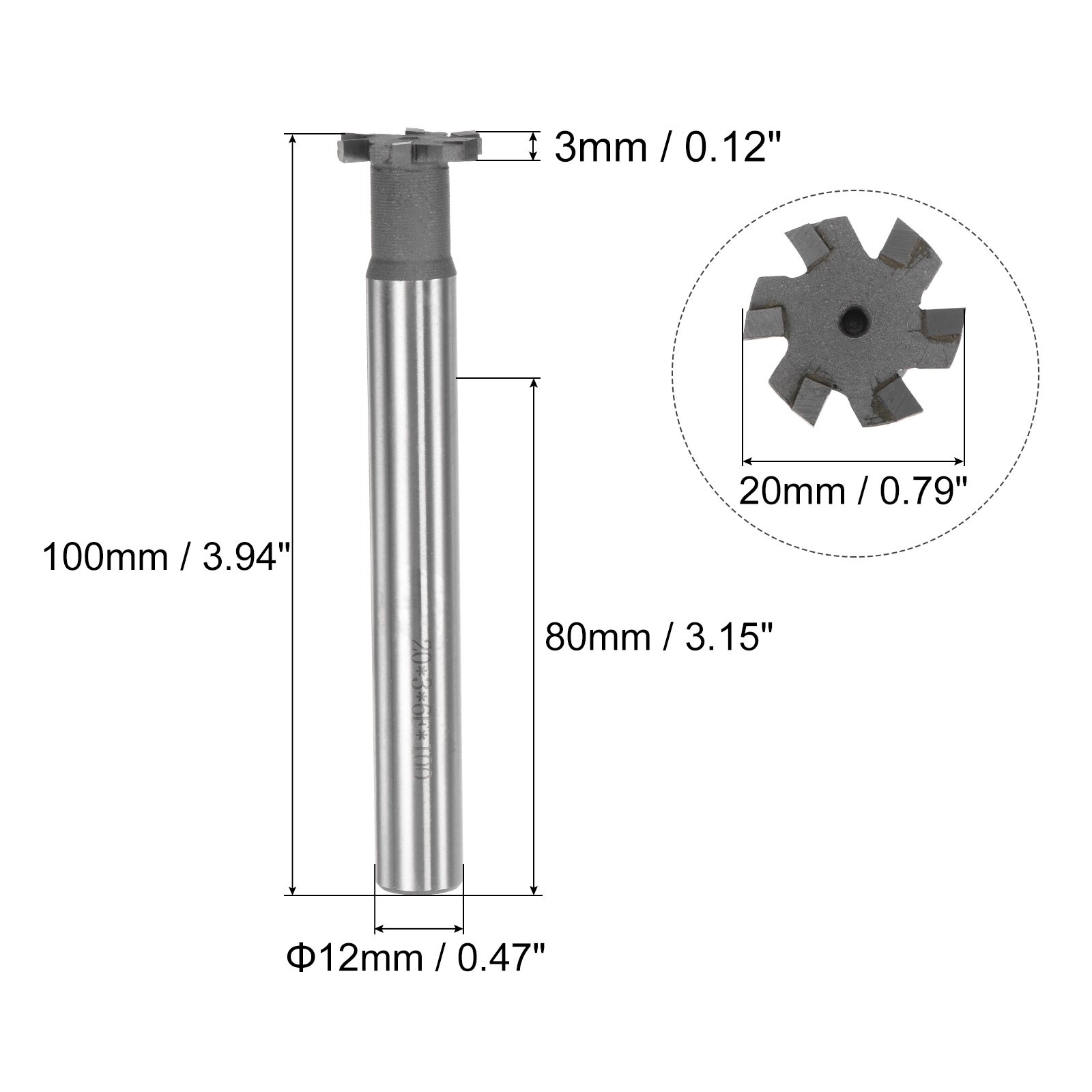 3mm Depth 20mm Cutting Dia 12mm Shank T-Slot Milling Cutter Carbide Tip 6 Flutes