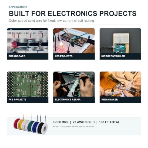 22 AWG Solid Wire Kit 180 Feet 6 Colors Tinned Copper for Breadboard PCB