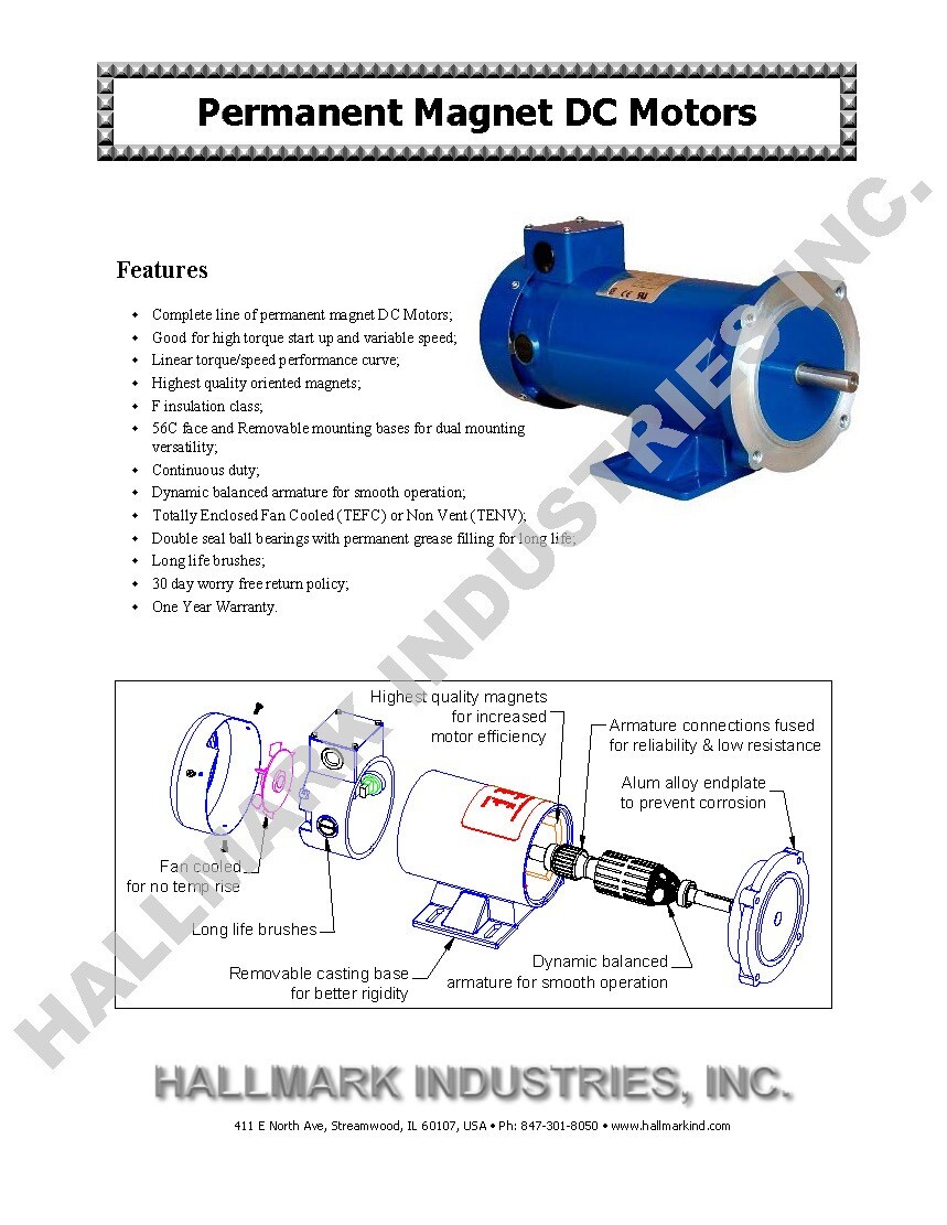 DC MOTOR, 1/2HP, 56C, 12V, 1750RPM, TEFC, Hallmark Industries, MD0505E