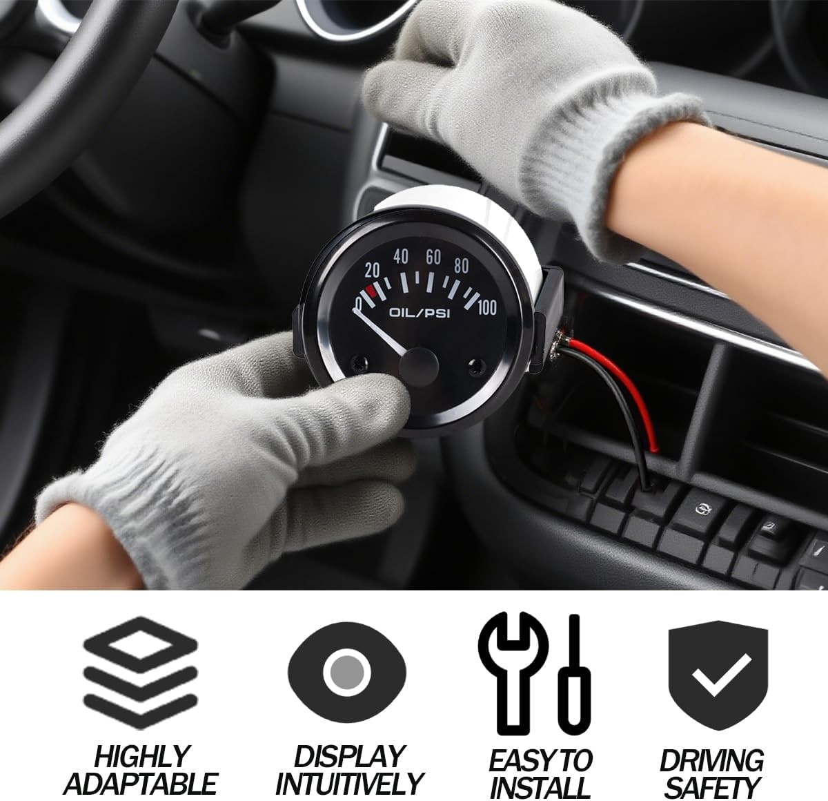 BESULEN Car 2″ 52mm Oil Pressure Gauge, 12V 0-100PSI Pointer Digital Oil Press P