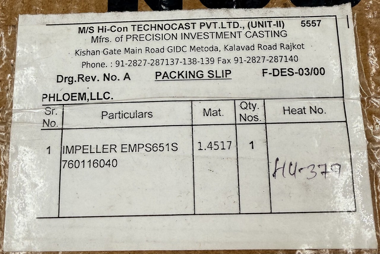 LOWARA EMPS651S 760116040 651S 59767 1.4517 SUCTION IMPELLER FOR E-MP65A PUMP