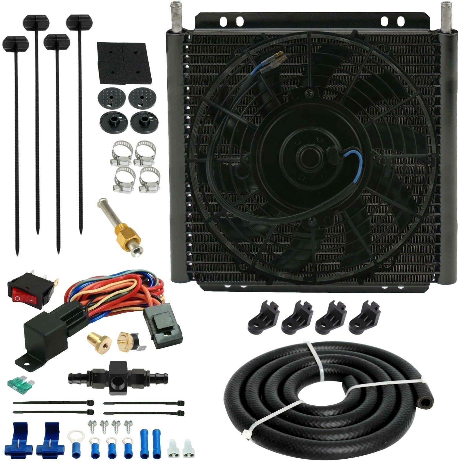 26 ROW ENGINE TRANSMISSION OIL COOLER FAN 6AN IN-LINE HOSE THERMOSTAT SWITCH KIT