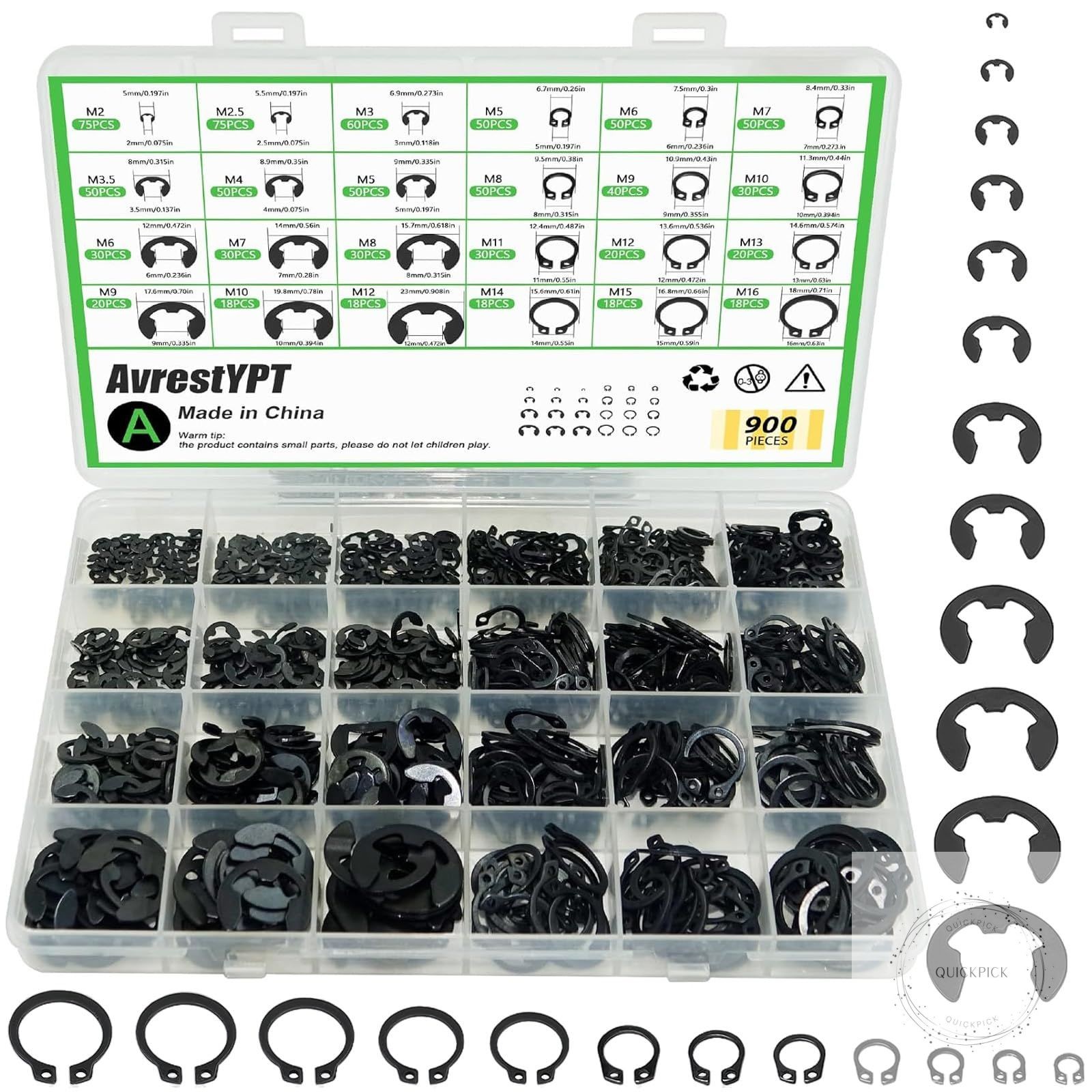 900Pcs C Clips Assortment (M5-M16) and E Clips Assortment Set (M2-M12), External