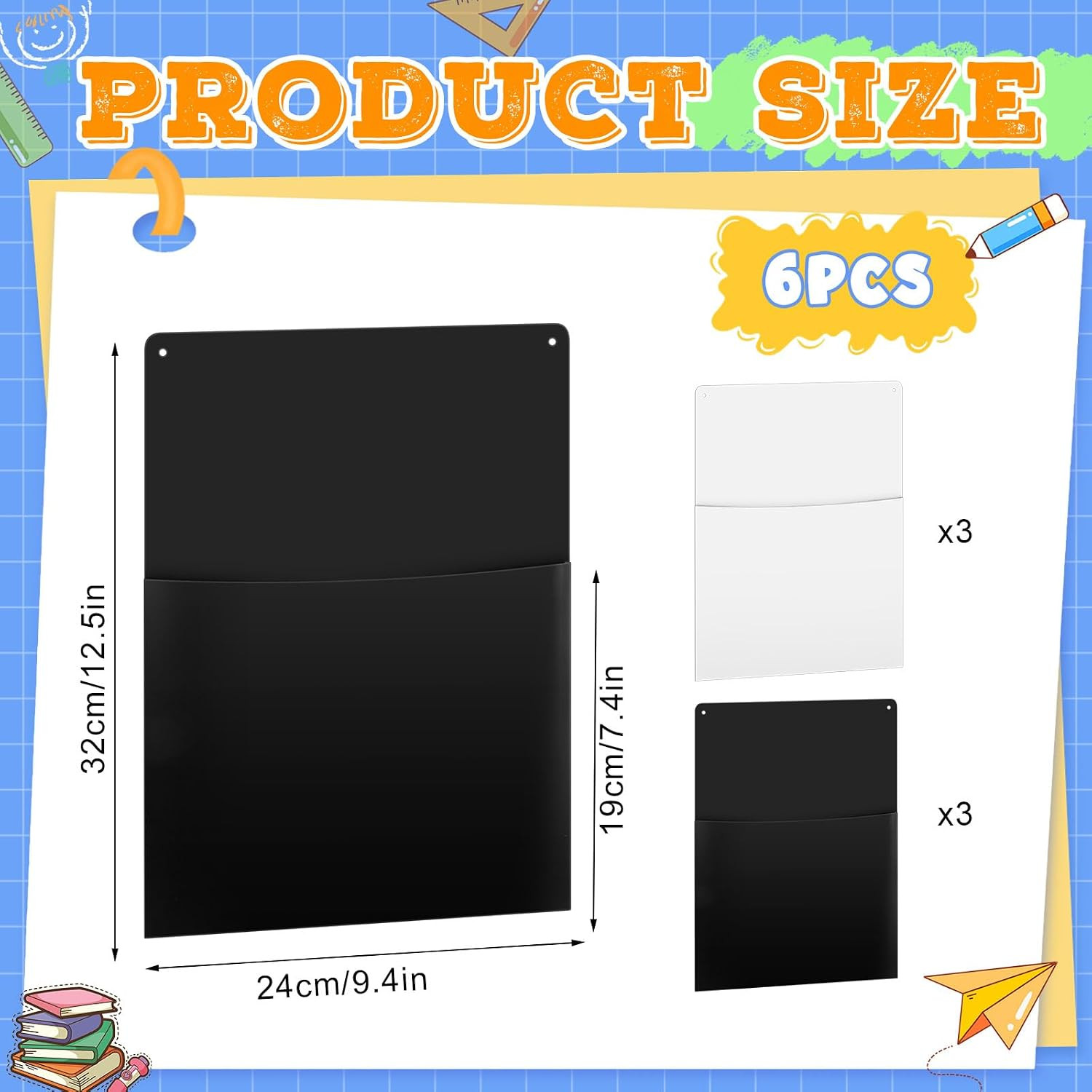 6 Pcs White Black Plastic Oversized Wall Pockets 12.6″ X 9.4″ Inches Hanging Wal