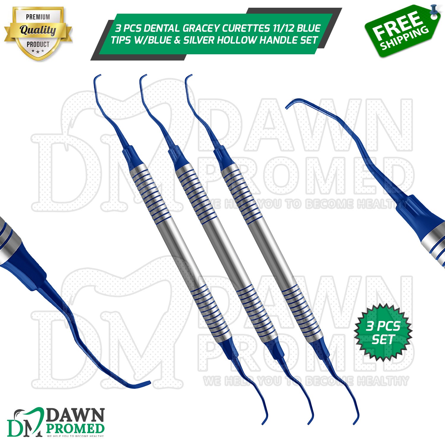 3 Pcs Dental Gracey Curettes 11/12 Blue Coated Double Ended Hollow Handle Set