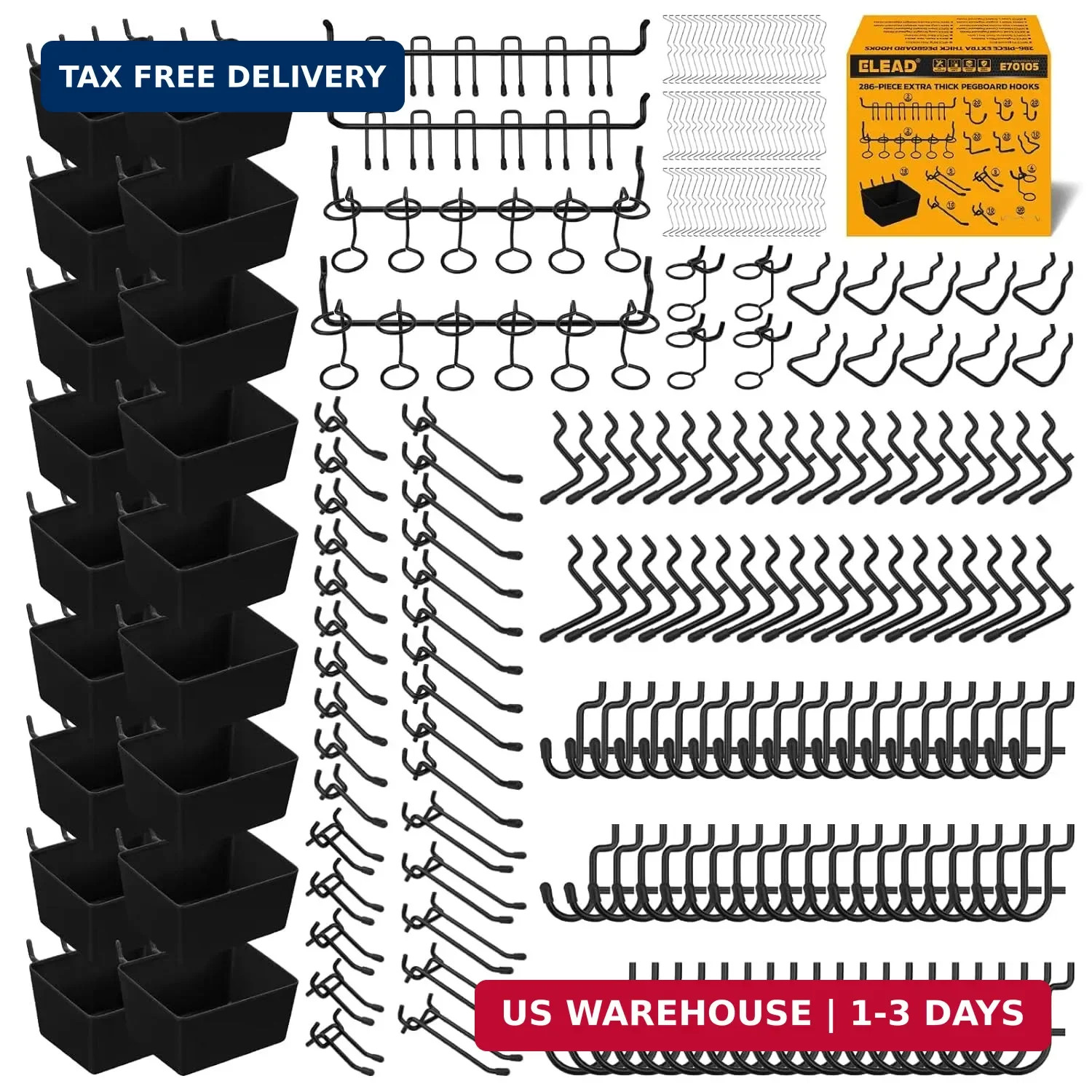 ELEAD 286-Piece Extra Thick Pegboard Hooks Set, 1/4″ Heavy Duty Black Peg Board