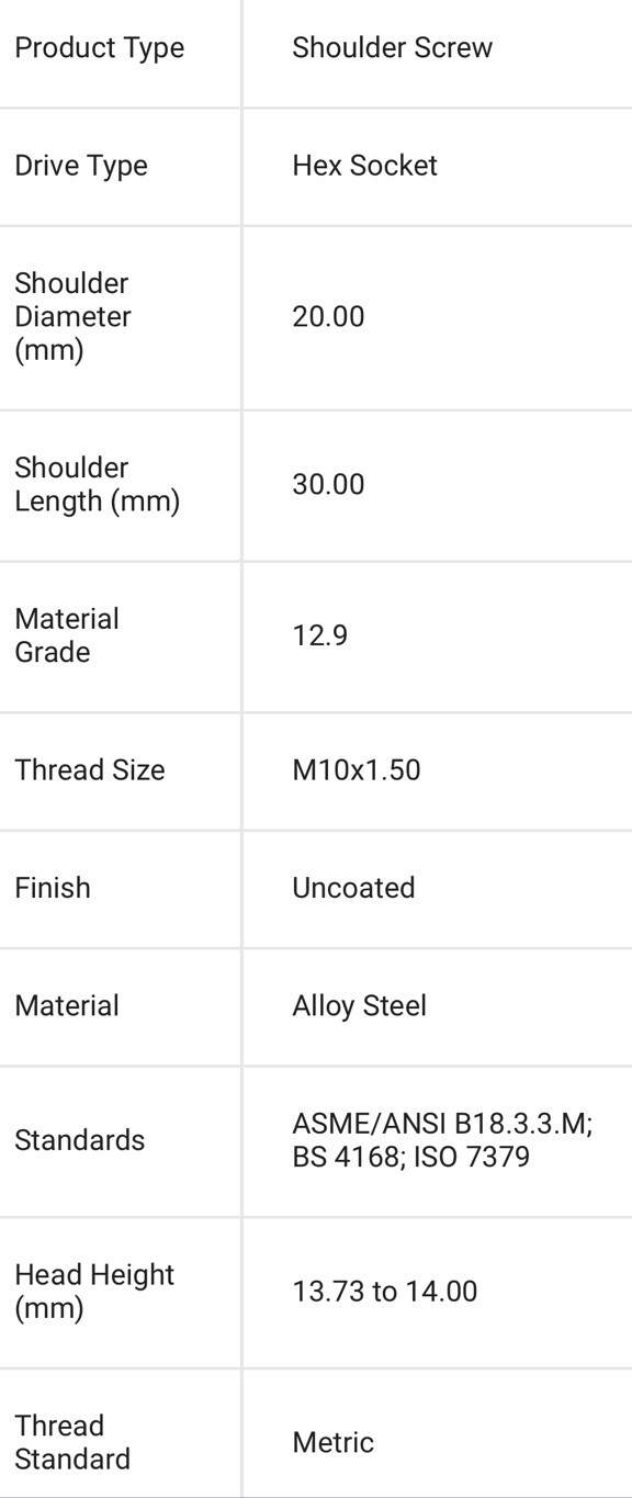 10pcs) Brady 20mm Dia x30mm L x M10x1.5 Socket Head Shoulder Screw, 12.9 Alloy