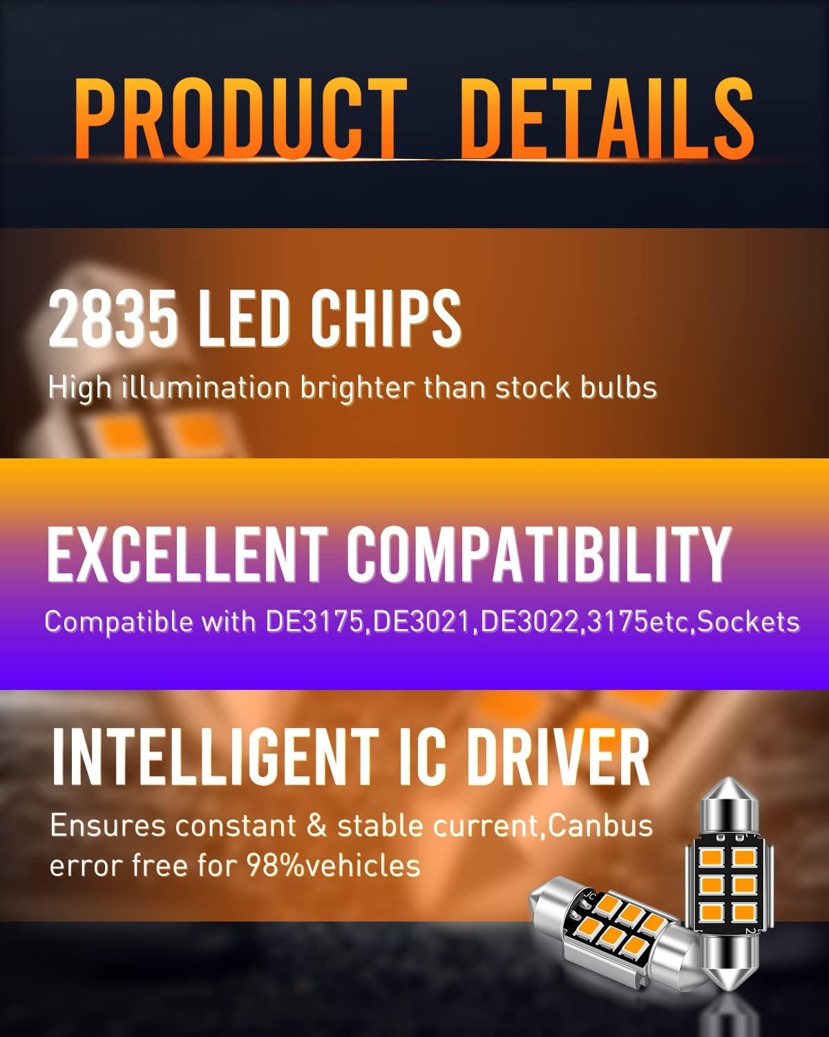 DE3021 DE3022 3175 LED Bulbs, Warm White 6-SMD 2835 Chipsets Color: Warm White