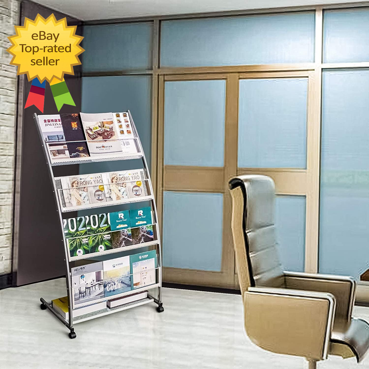 Magazine Rack Floor Standing,Brochure Display Stand 4 Pockets Metal Literature