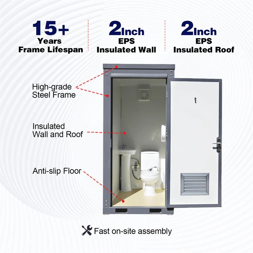 Bastone Portable Restroom w/ Sink, Flush Toilet & Vent Fan for Outdoor Use