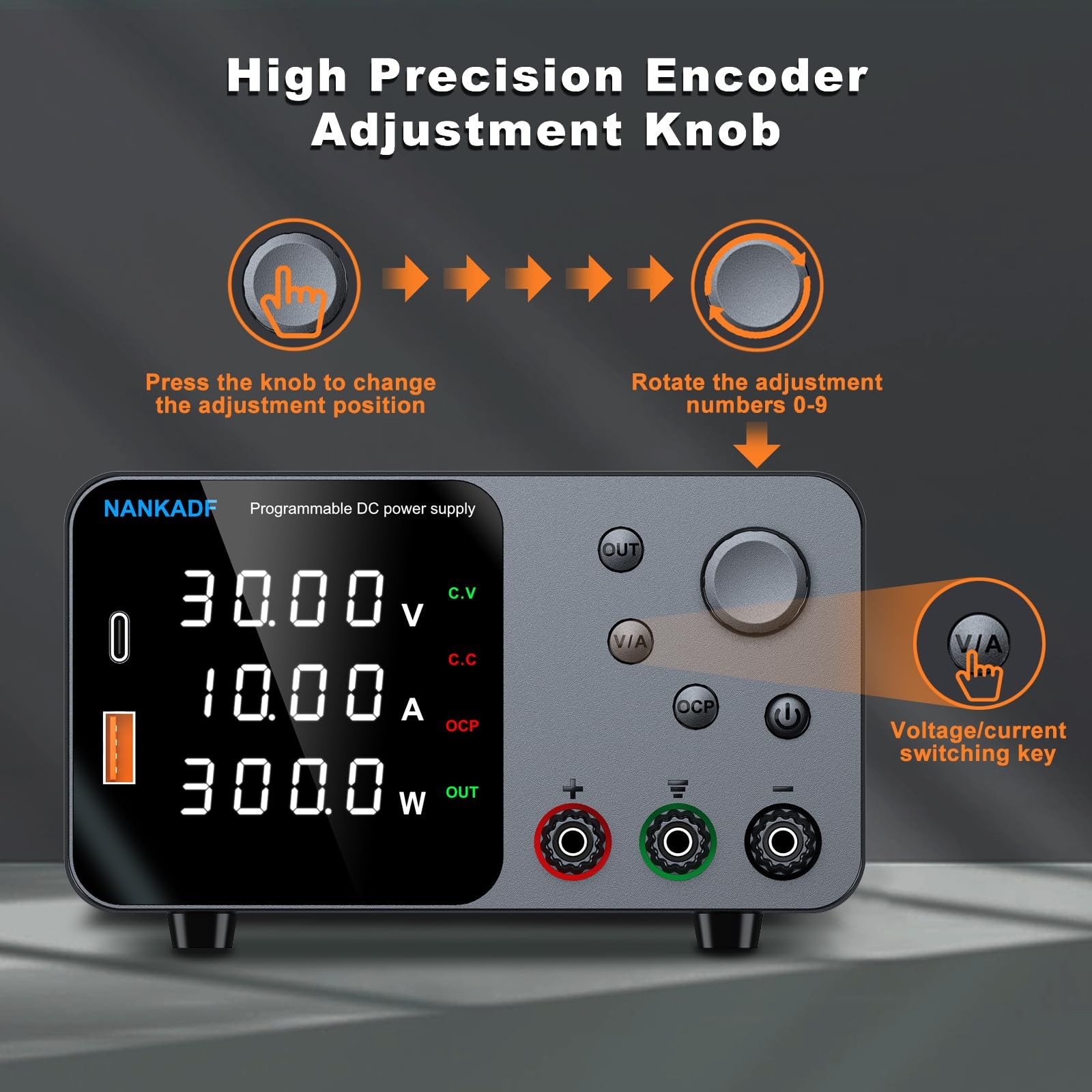 DC Power Supply 30V 10A Bench Encoder Adjustment 5V/3.6A USB Type-C