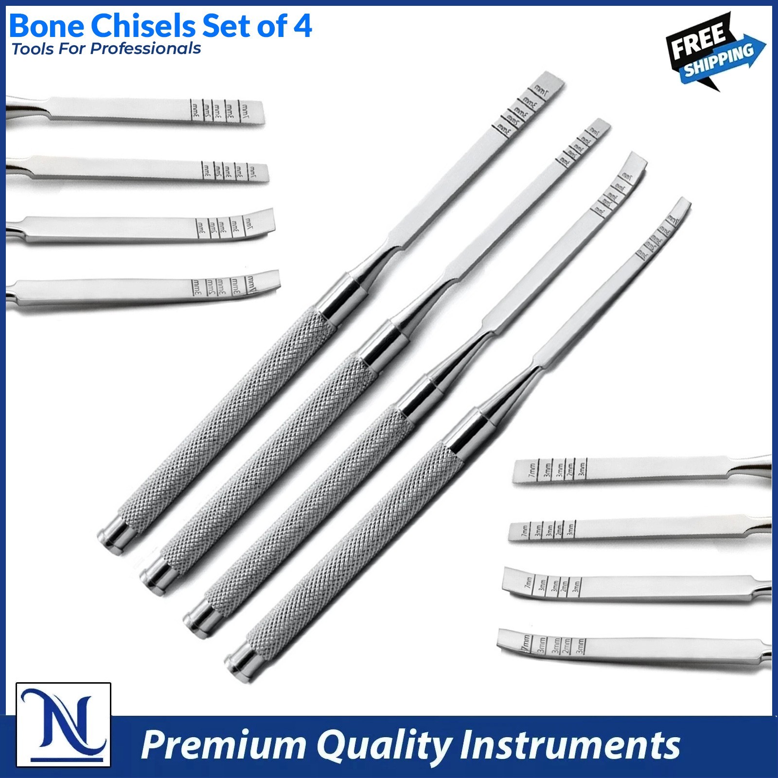 Set of 4 Dental Chisels Straight and Curved | Surgical Bone Splitting & Ridge