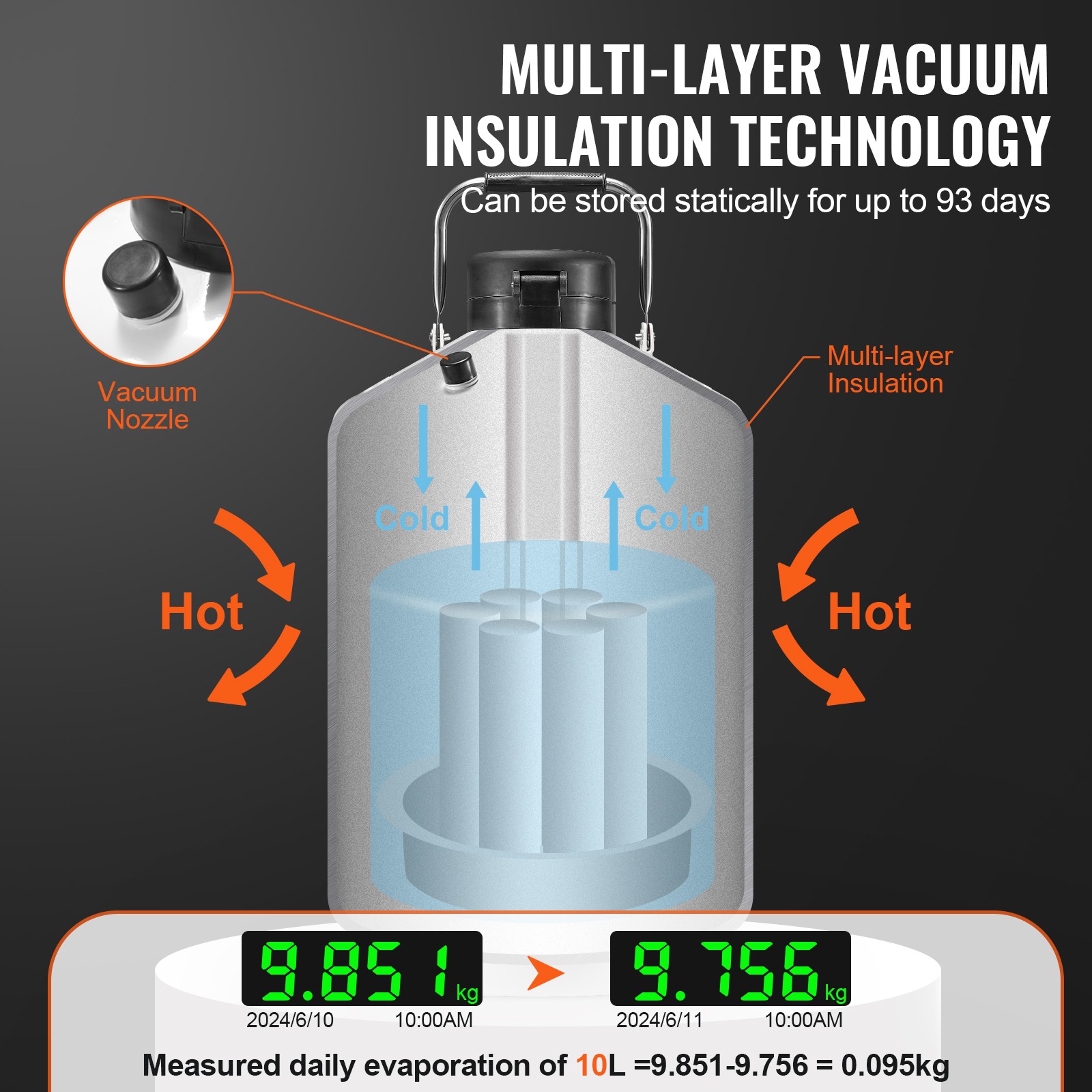 VEVOR Liquid Nitrogen Tank 10 L Aluminum Alloy LN2 Container Dewar 6 Canisters