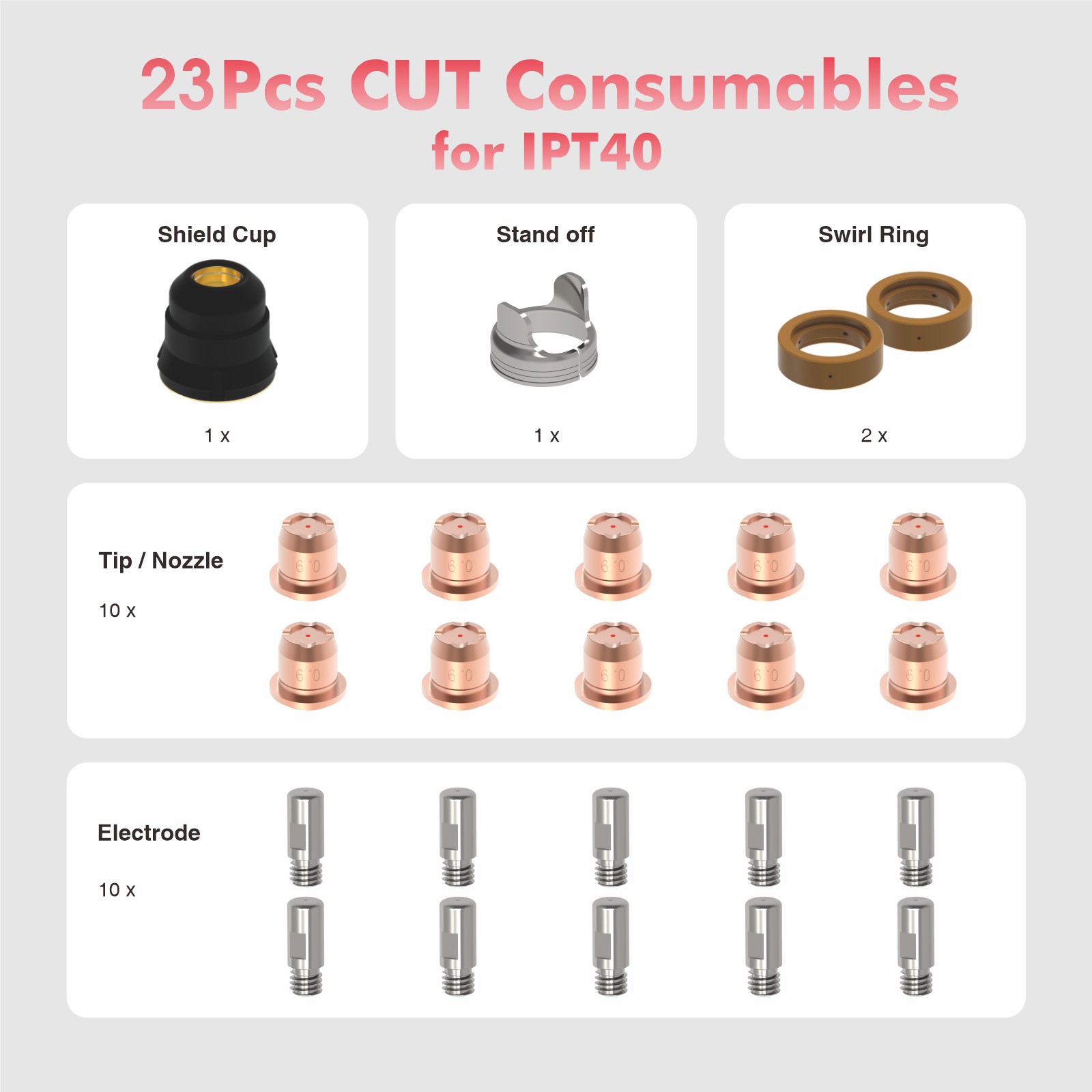 23/44pcs IPT40 Plasma Cutter Consumables for YESWELDER CUT-55DS/65DS