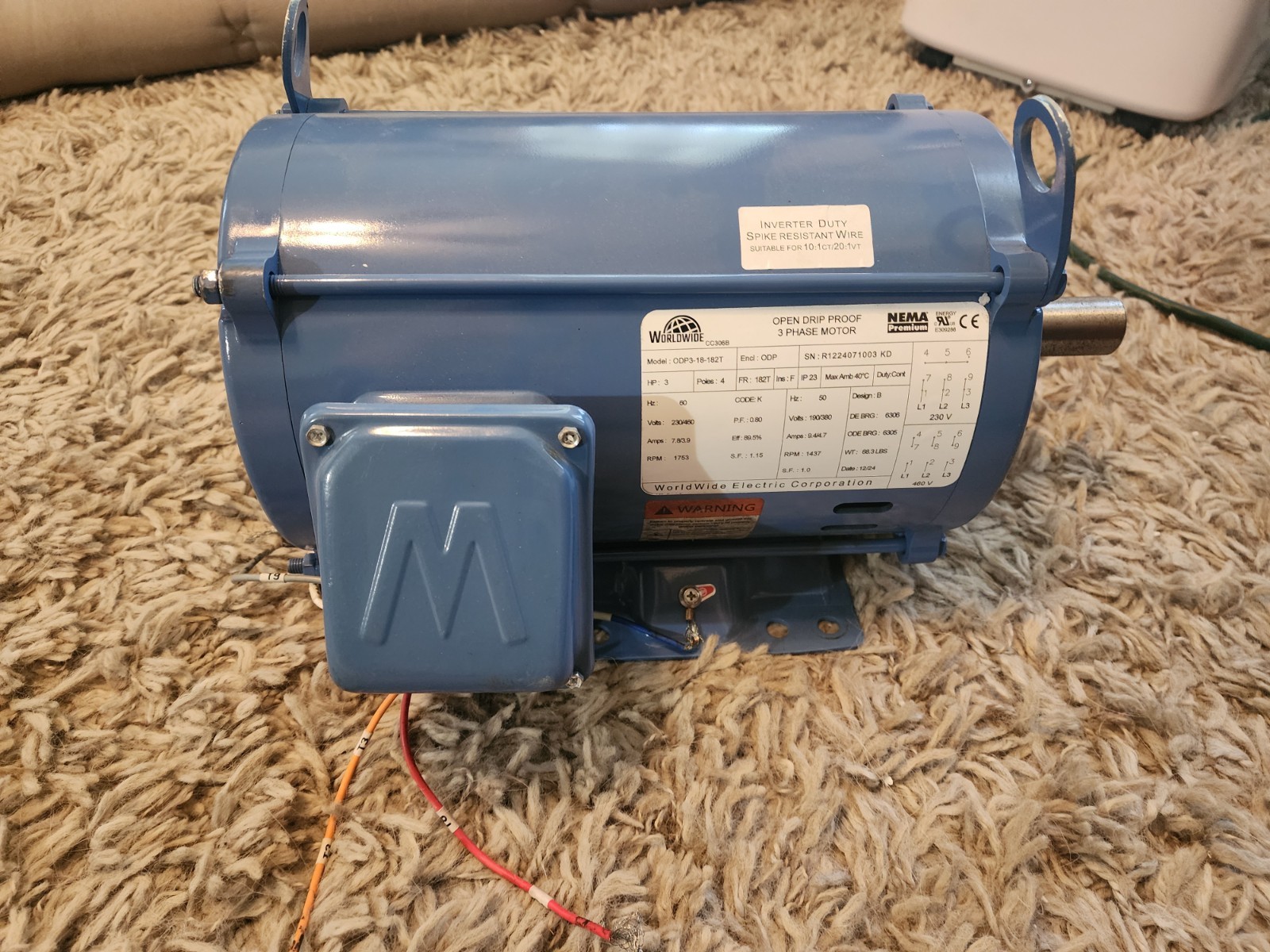 3 HP 3 Phase Electric Motor 1800 RPM 182T Frame ODP Open Drip Proof 230/460V