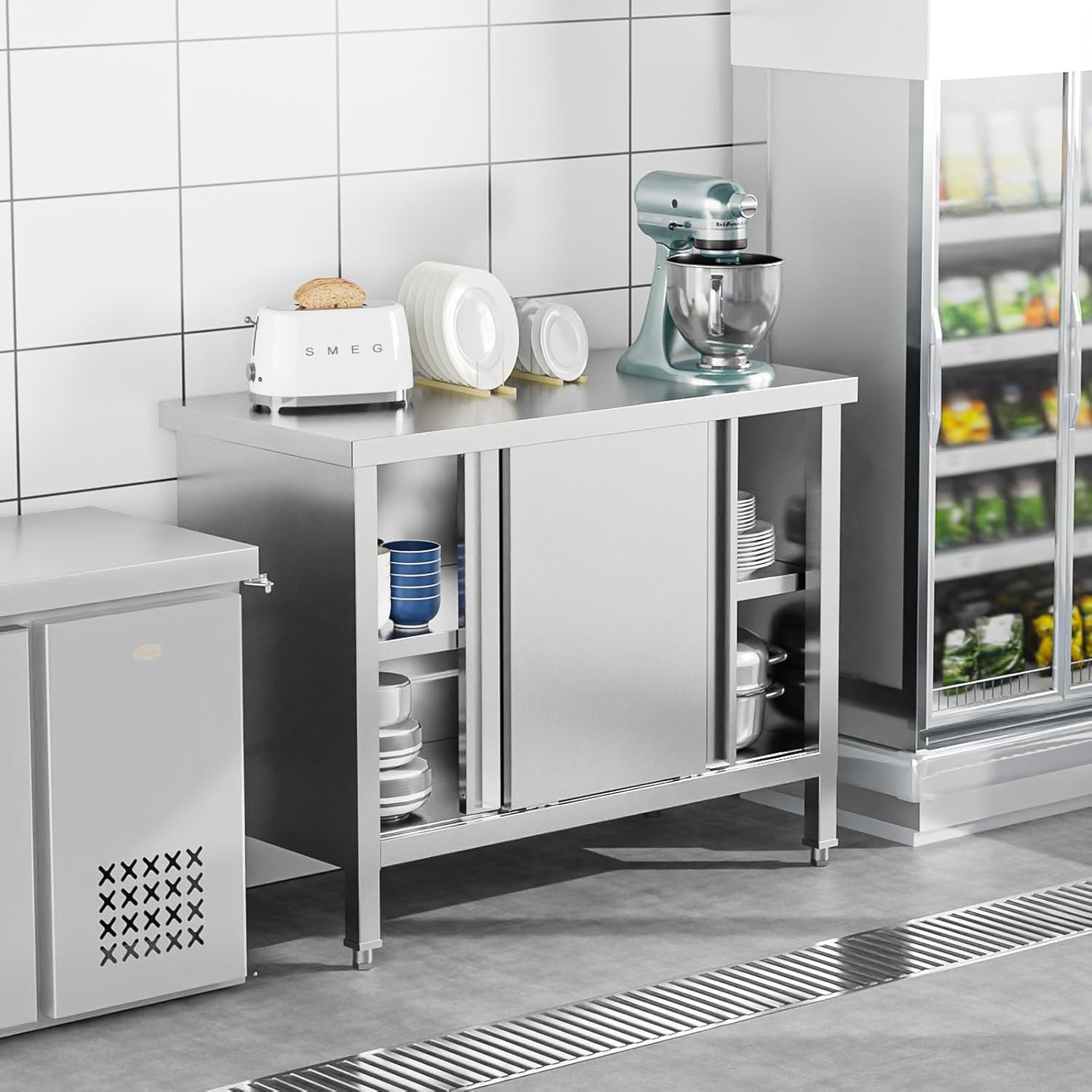 Stainless Steel Prep & Work Table with 2-Tier Cabinet & Sliding Doors for Garage