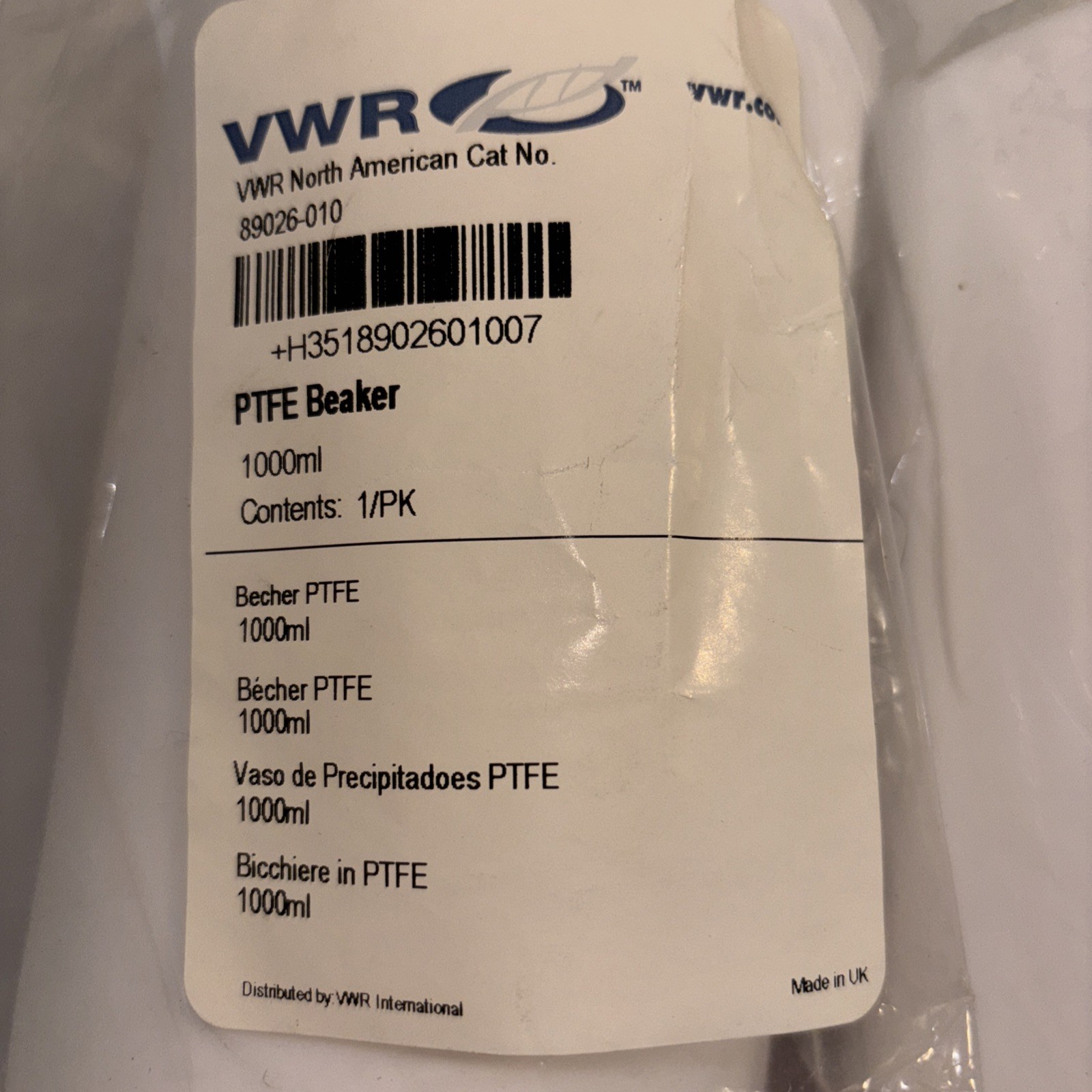 4 Brand New VWR PTFE Teflon Beakers 2-1000ml, 1-600ml, 1-400ml