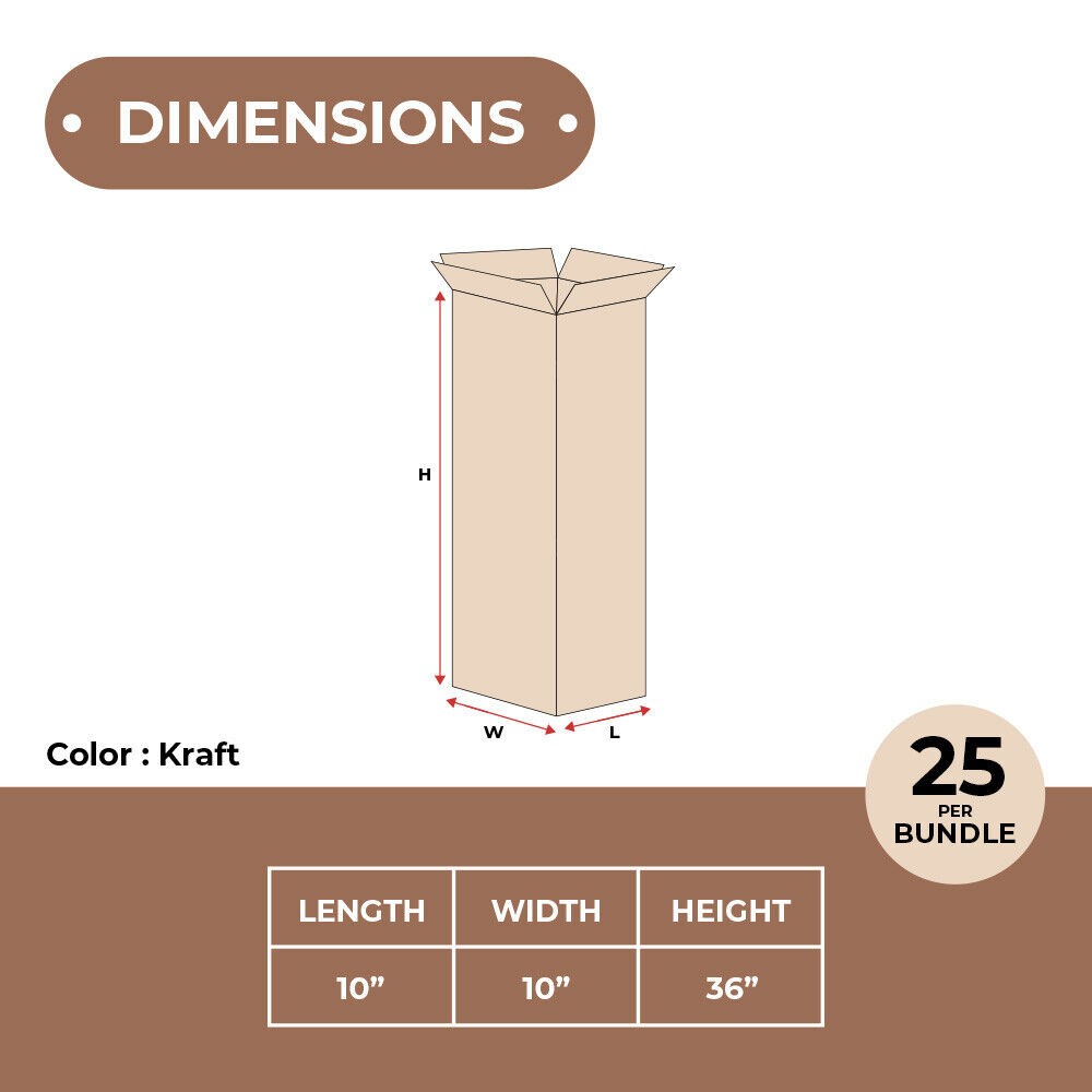25 Tall Corrugated Boxes 10x10x36 – ECT-32 Kraft Brown Shipping/Moving Boxes