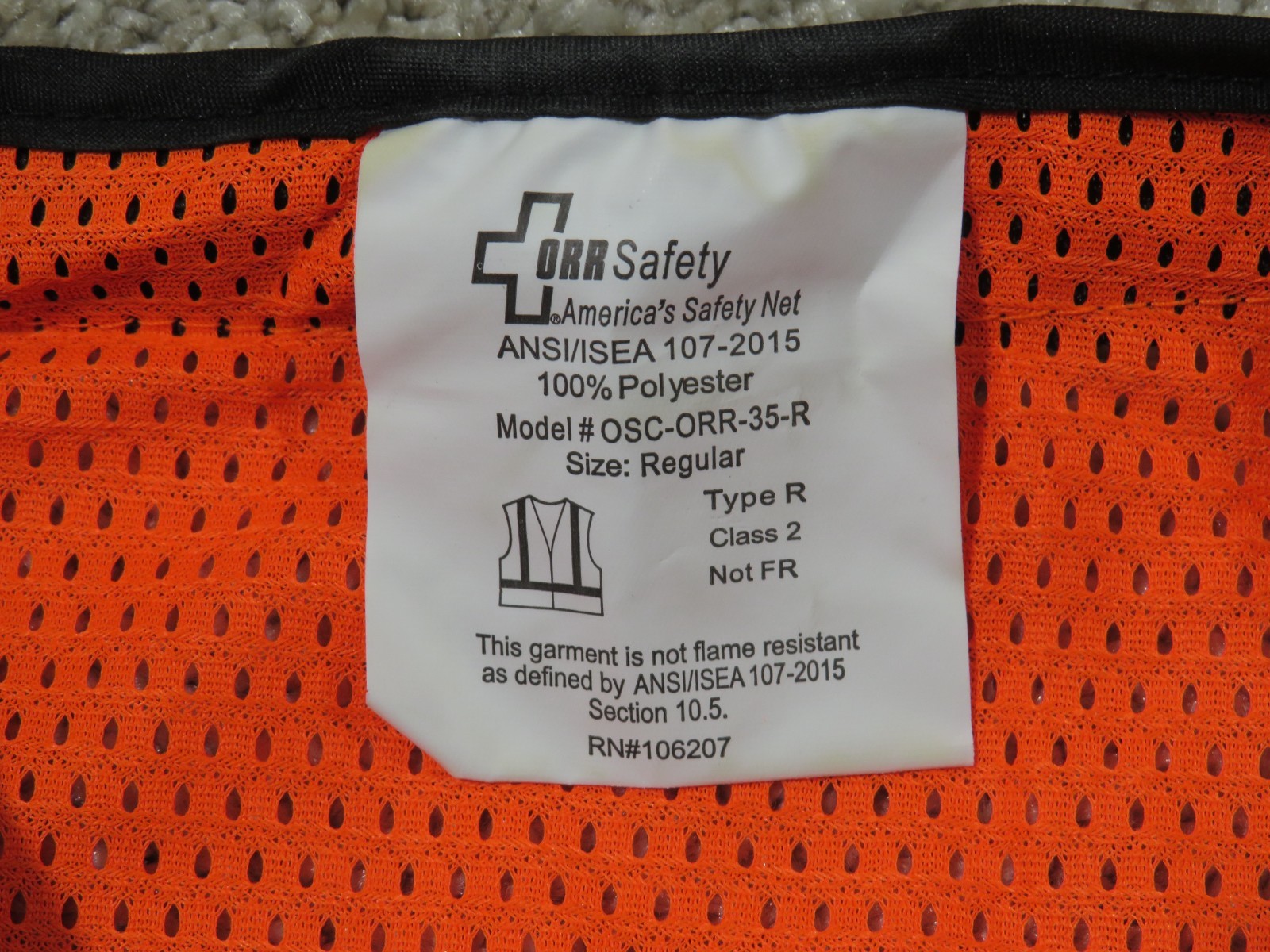 ORR HIGH VISIBILITY OANGE REFLECTIVE STRIPES SAFETY 1 VEST TYPE R CL 2 NOT FR R