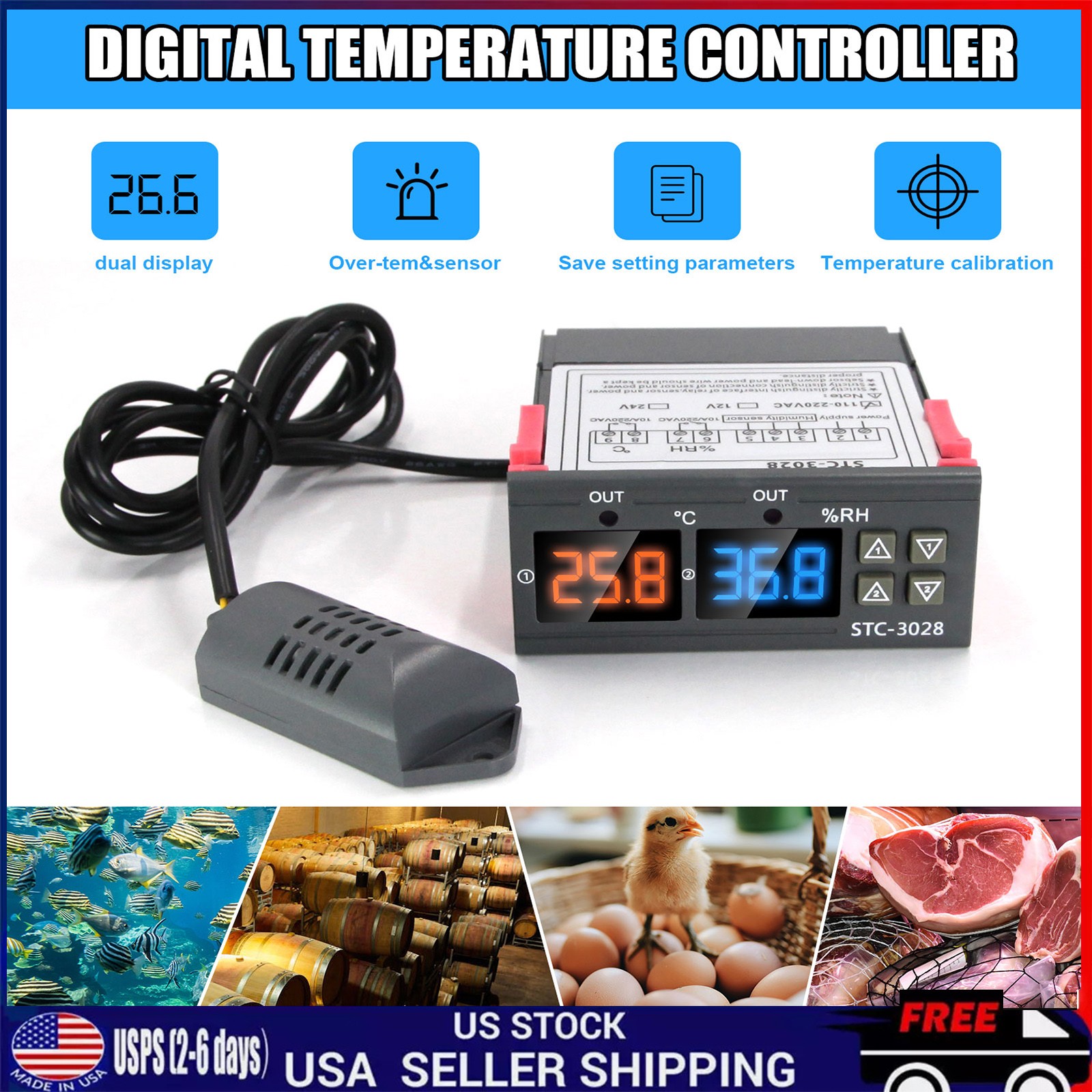 STC-3028 Dual LCD Digital Thermostat Temperature Humidity Controller AC110-220V