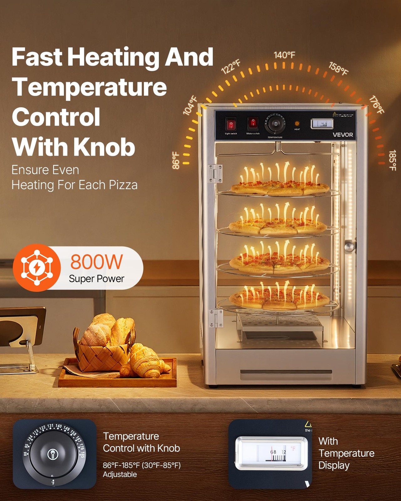 VEVOR Food Warmer Display 14 in Pizza 4-Tier Commercial Pizza Warmer Electric