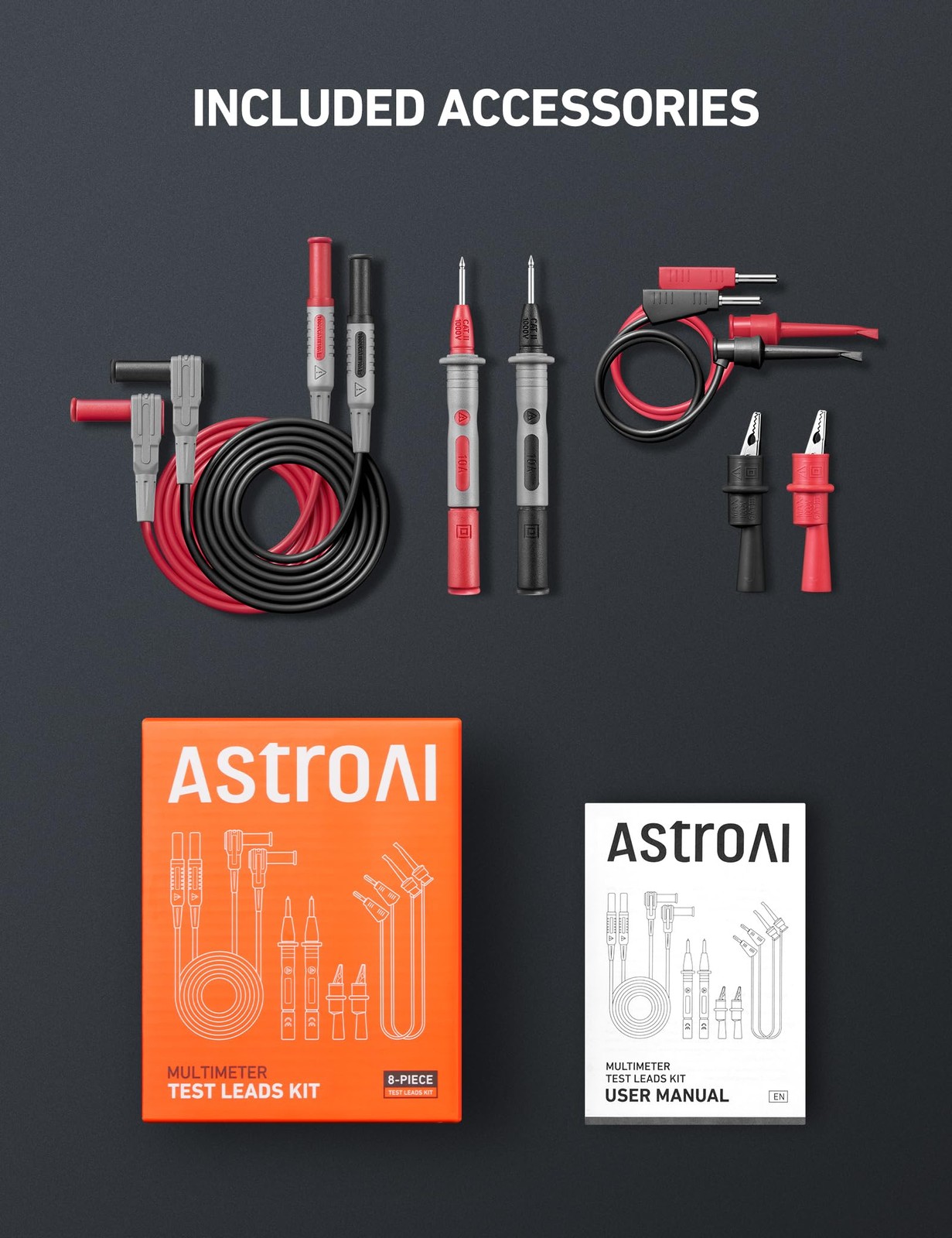 AstroAI 8Pcs Multimeter Test Leads Set with Alligator leads Set, Black