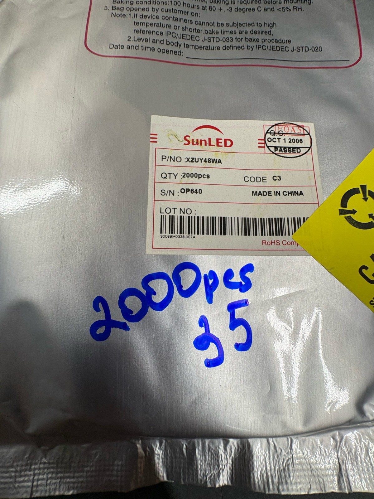 2000 PCS SunLED XZUY48WA SMD LED Chip Tape Reel RoHS Compliant