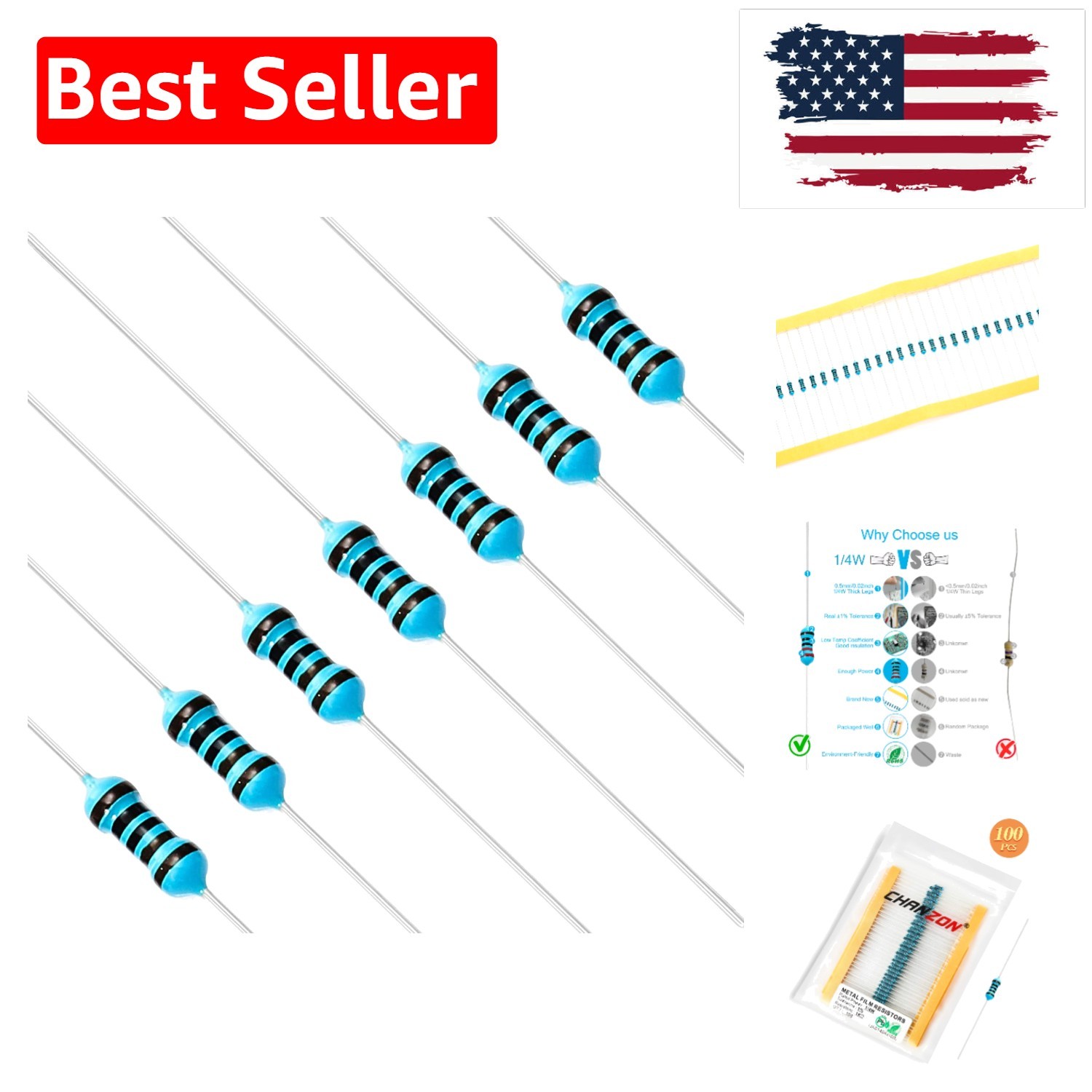 100pcs 1K 1000 Ω ohm Resistor 1/4W 0.25W Metal Film Fixed Resistor 0.01 ±1% T…