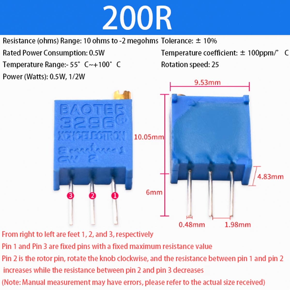 3296W Multiturn Variable Resistor Potentiometer, Preset, Trimmer, Pot 100Ω – 2MΩ